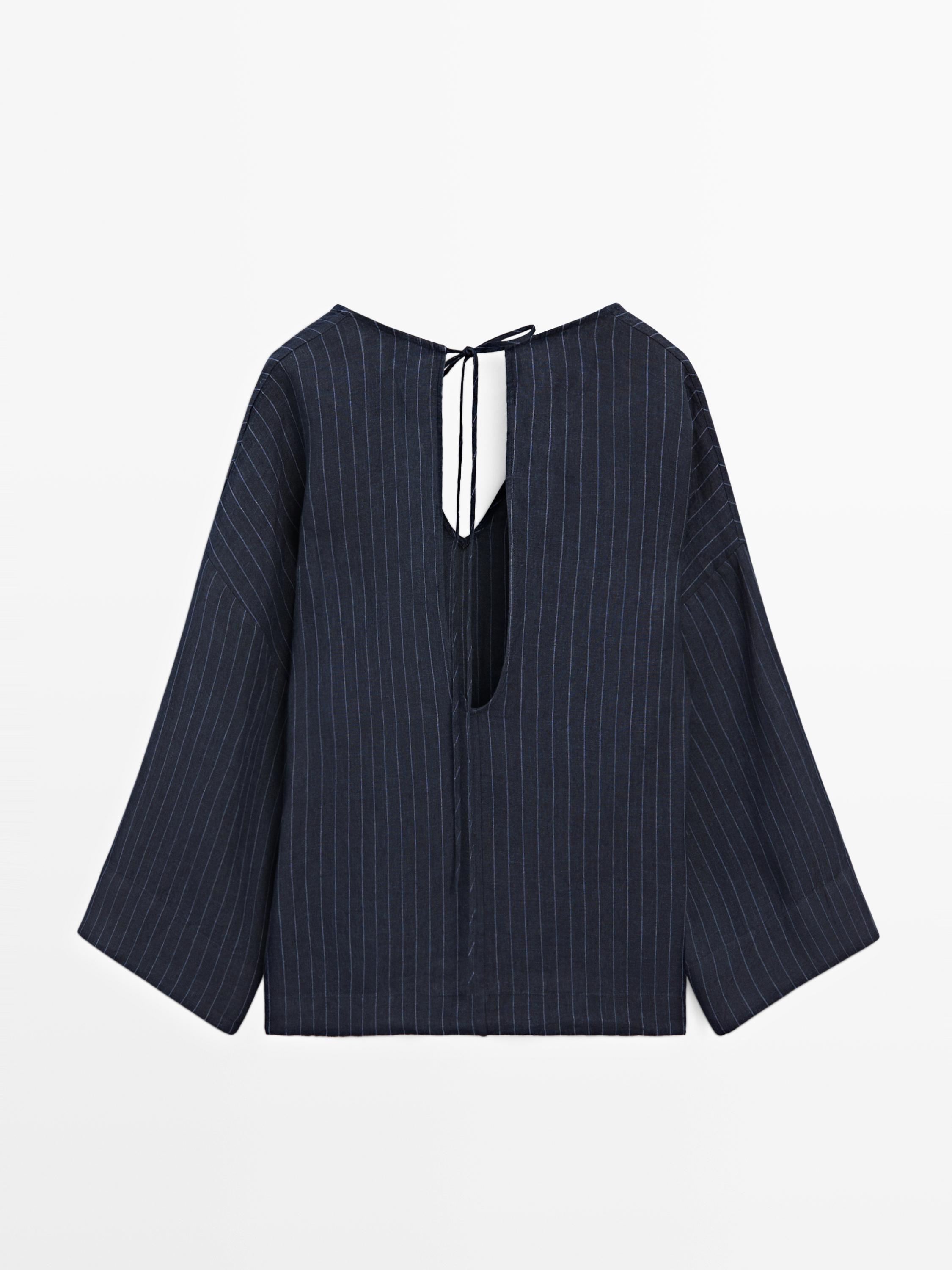 Striped linen blouse with back detail — DARK BLUE