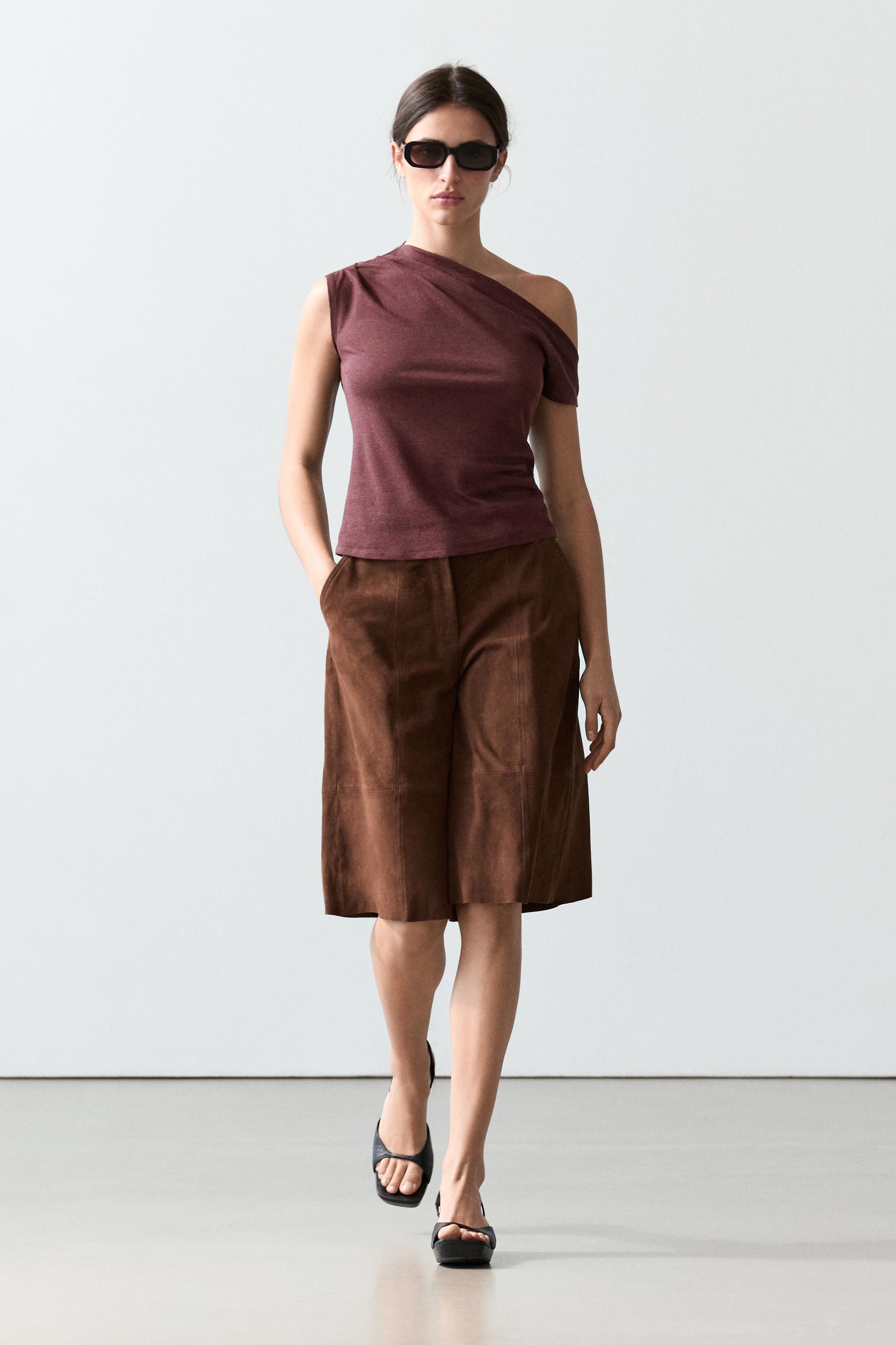 Asymmetric linen blend top with draped detail — BURGUNDY