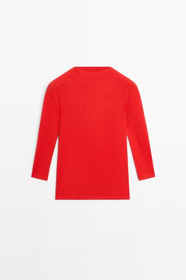 Mock neck elbow-sleeve T-shirt — RED 2
