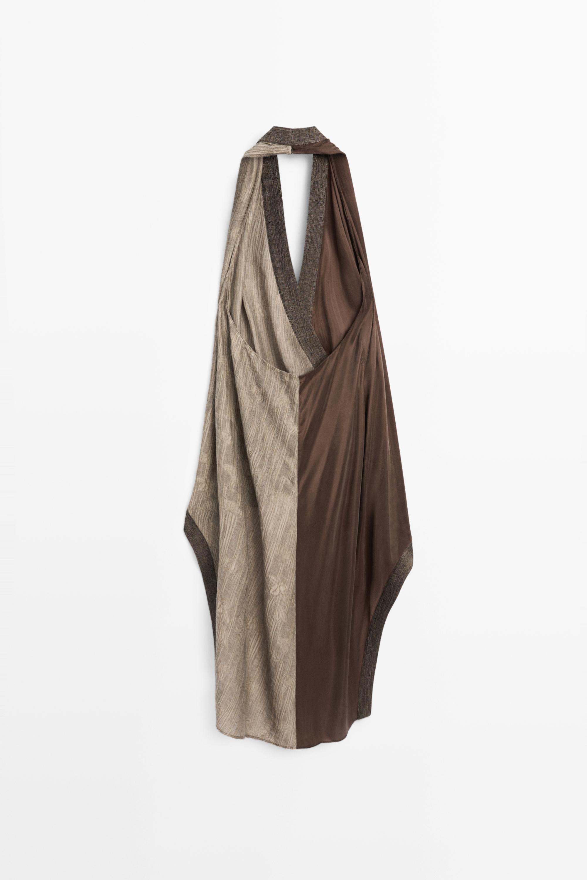 Flowing wrap top with mixed fabric detail — BROWN