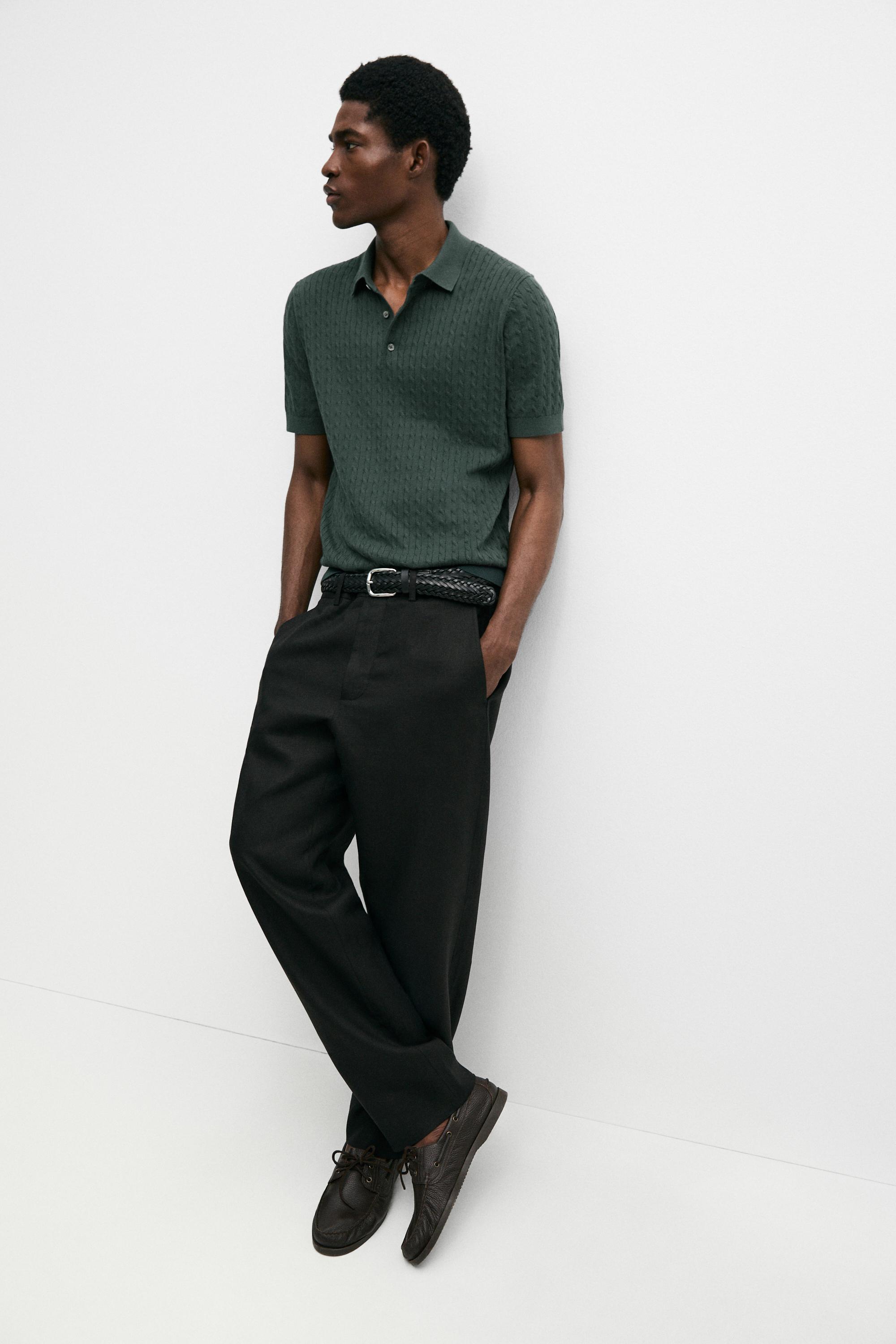 100% cotton cable-knit polo shirt — DARK BOTTLE GREEN