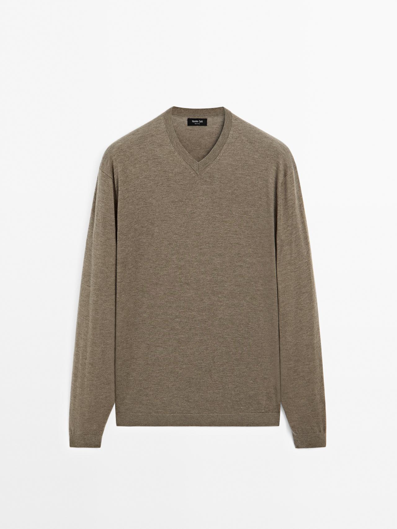 Massimo Dutti - Herre - Striktrøje I Uldblanding - Kaki - L