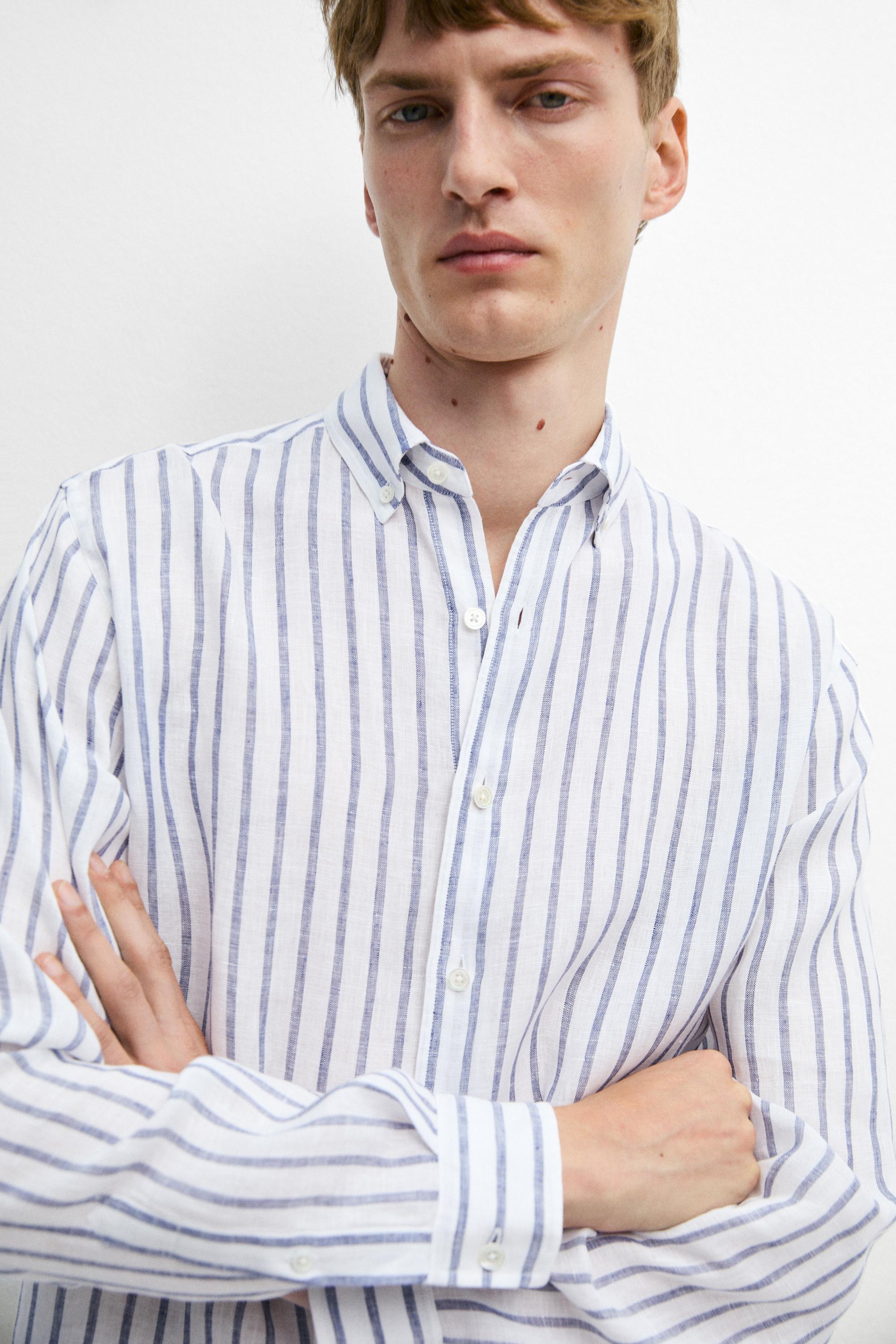100% linen striped shirt — DARK BLUE