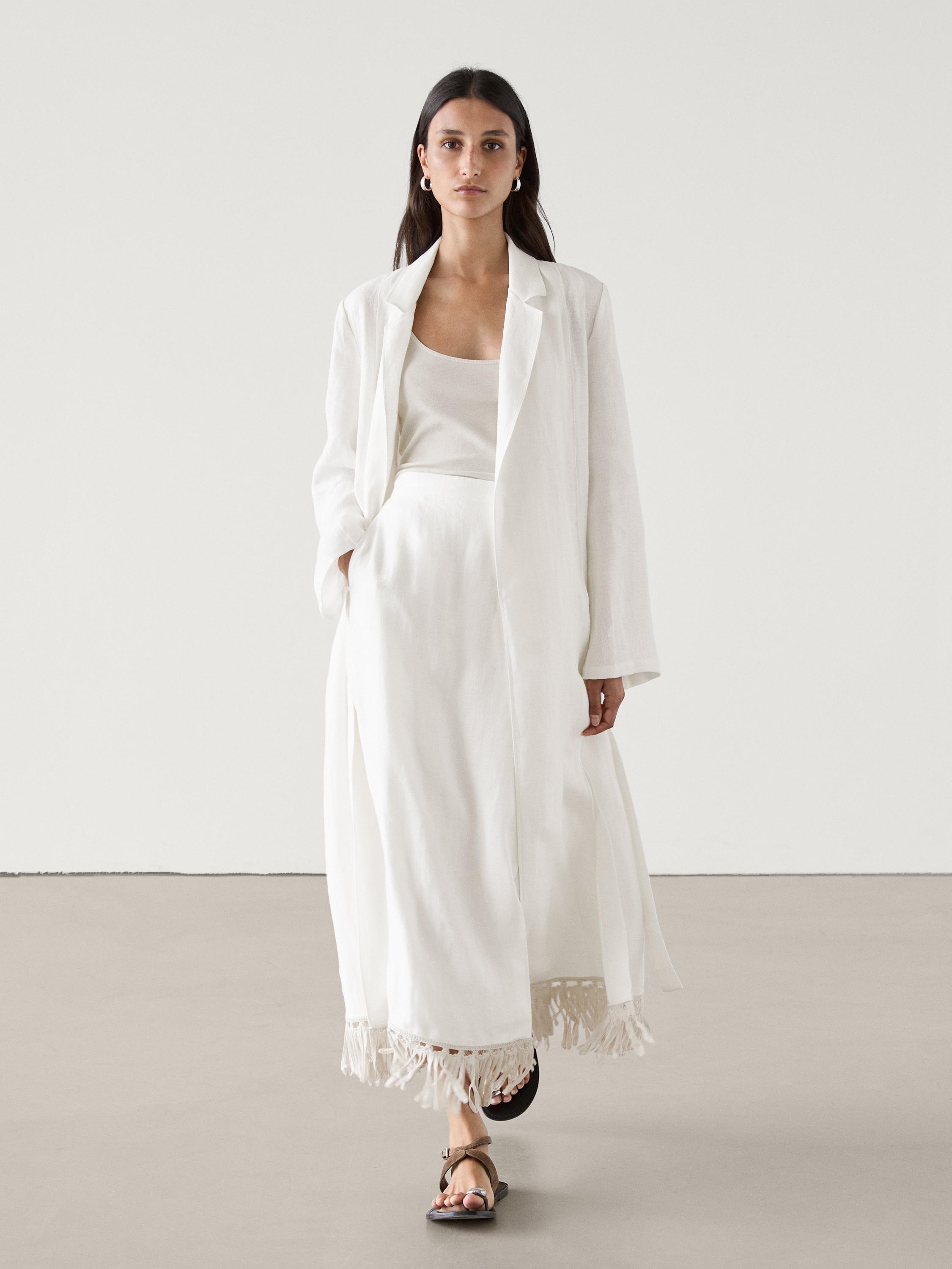 Long linen kimono with fringe detail