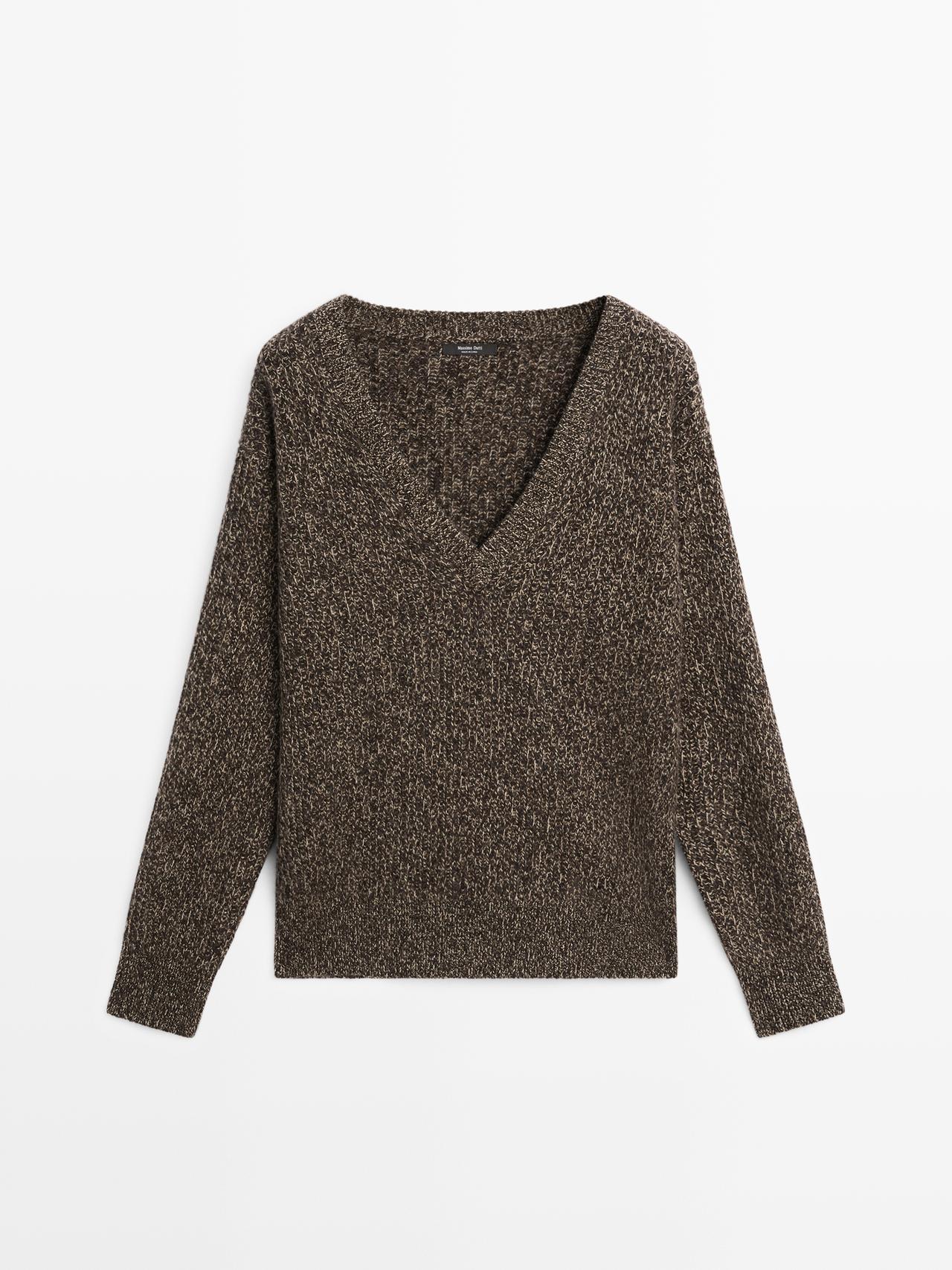 Massimo Dutti - Dame - Striktrøje I Mouliné Med V-Udskæring - Chokolade - S