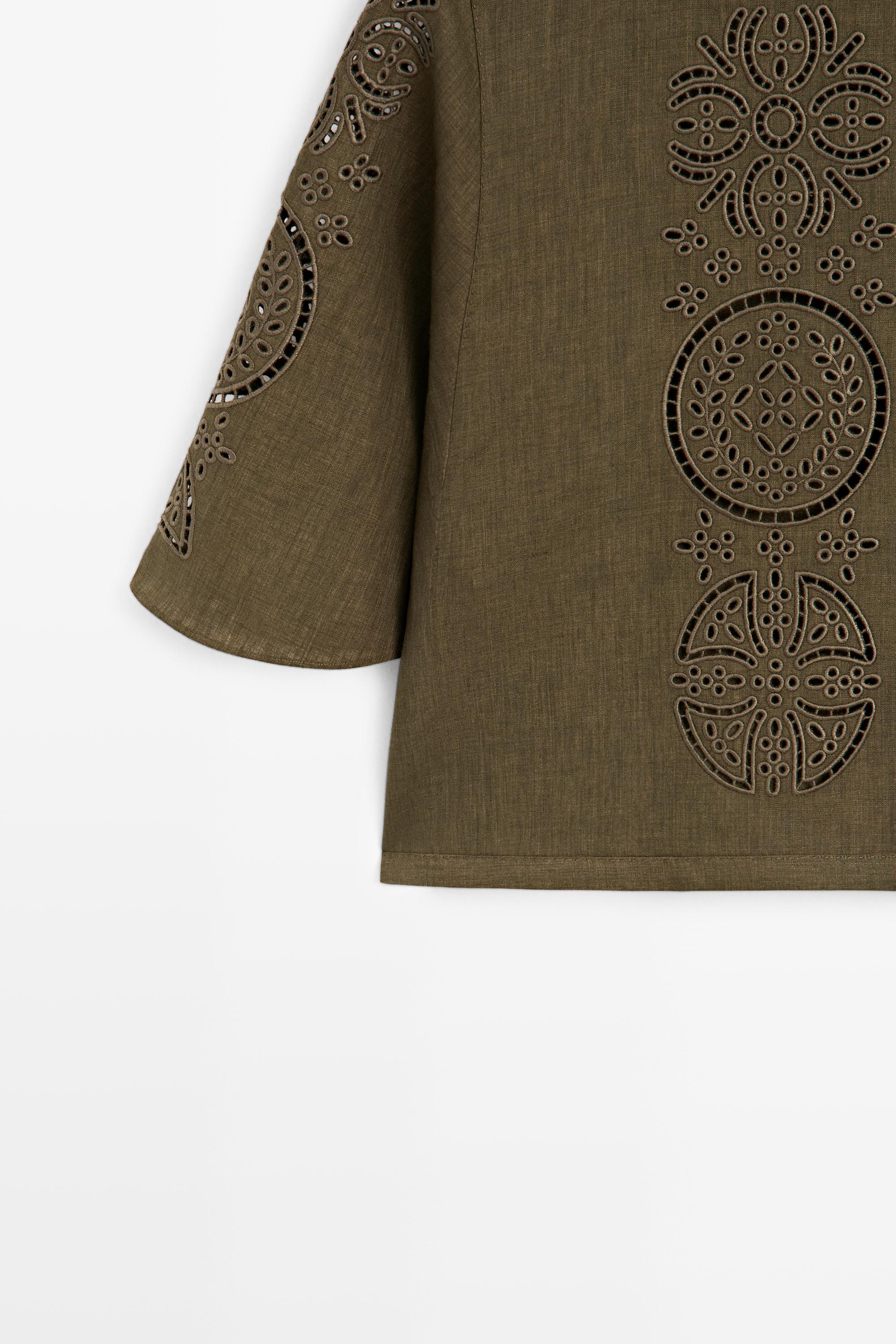 Linen blend blouse with embroidered details — GREEN