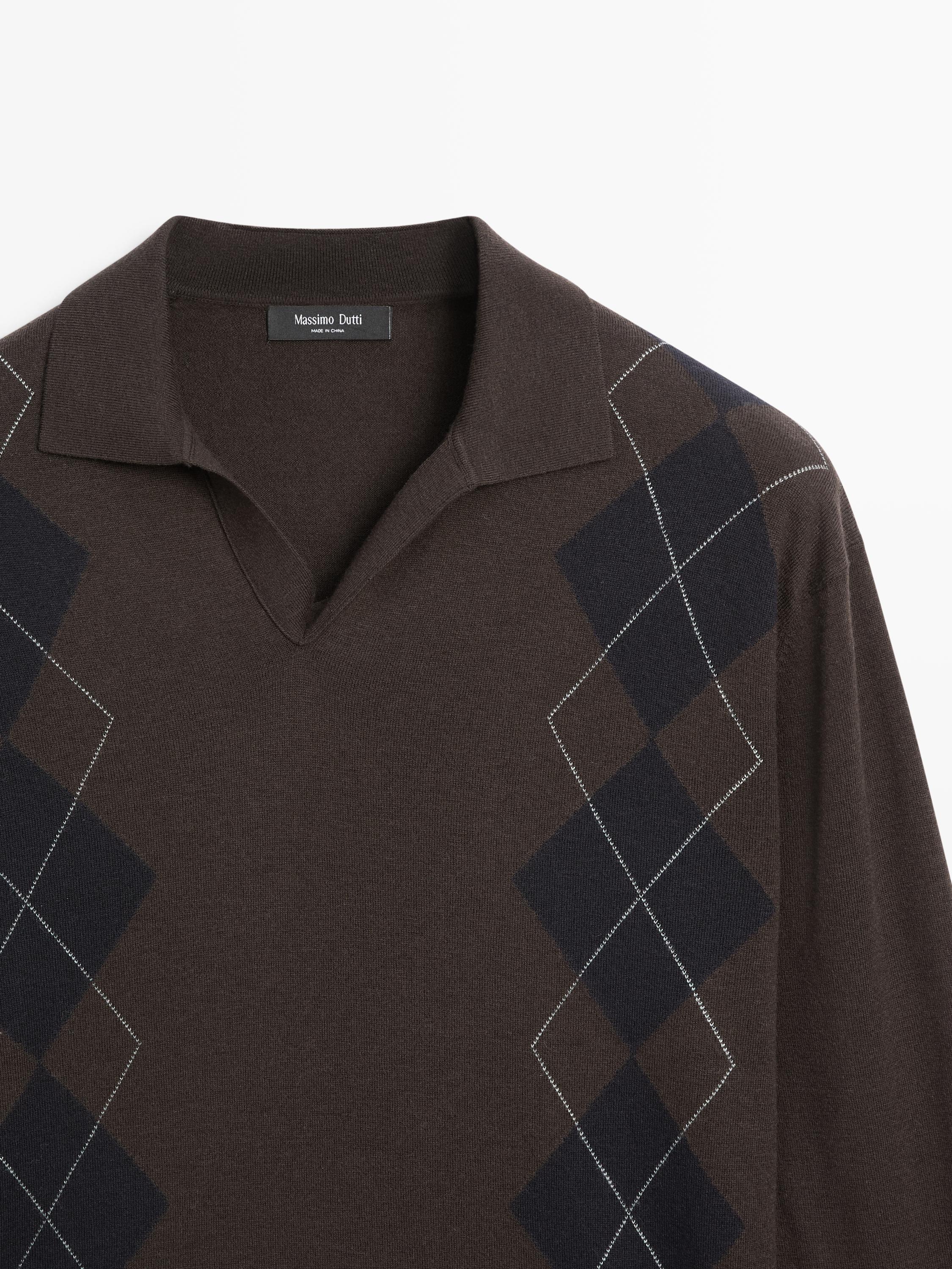 Wool blend argyle knit polo sweater — BROWN