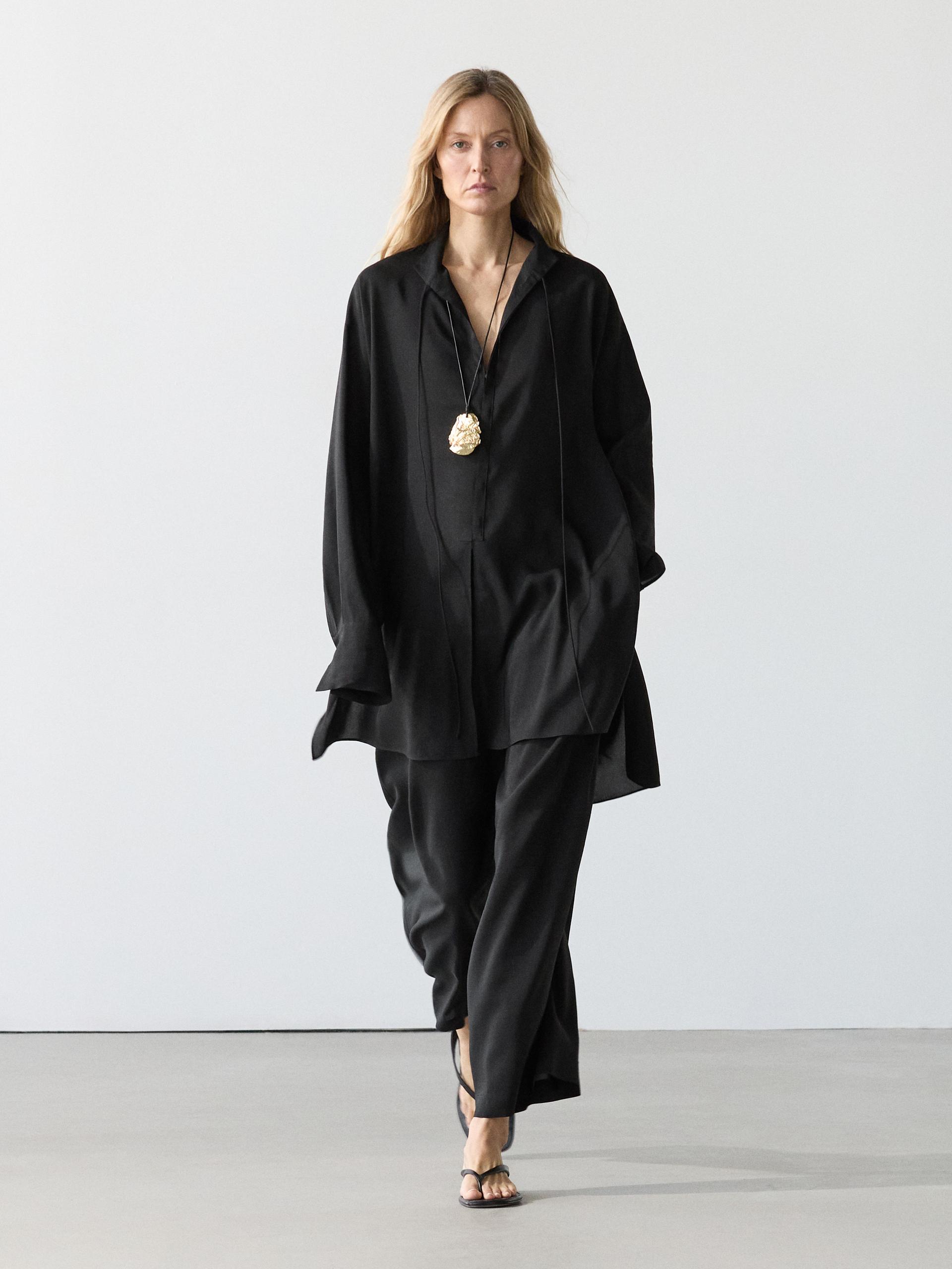 Chemisier Fluide Col Officier En Lin - Noir - Xs - Massimo Dutti - Femme