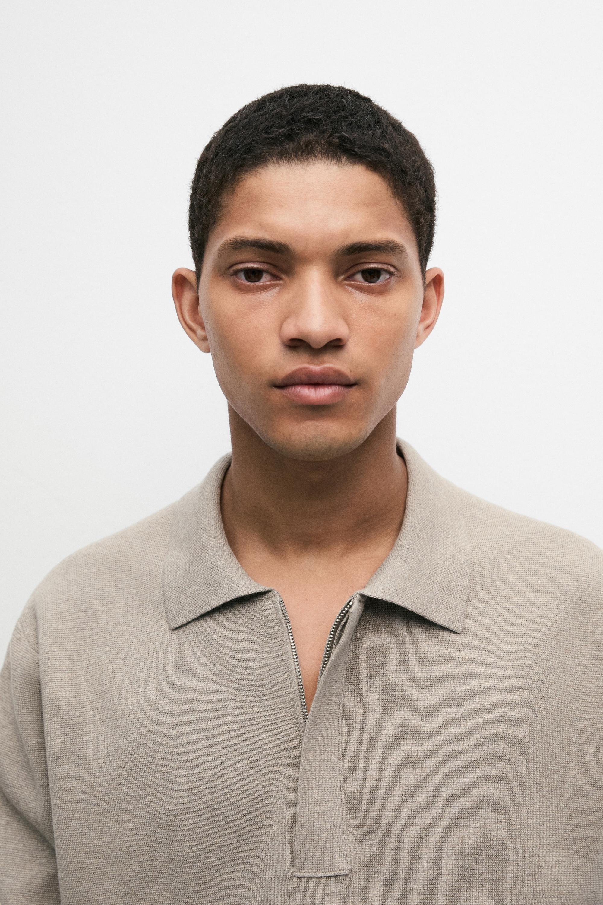 Cotton blend zip-up knit polo sweater — Washed