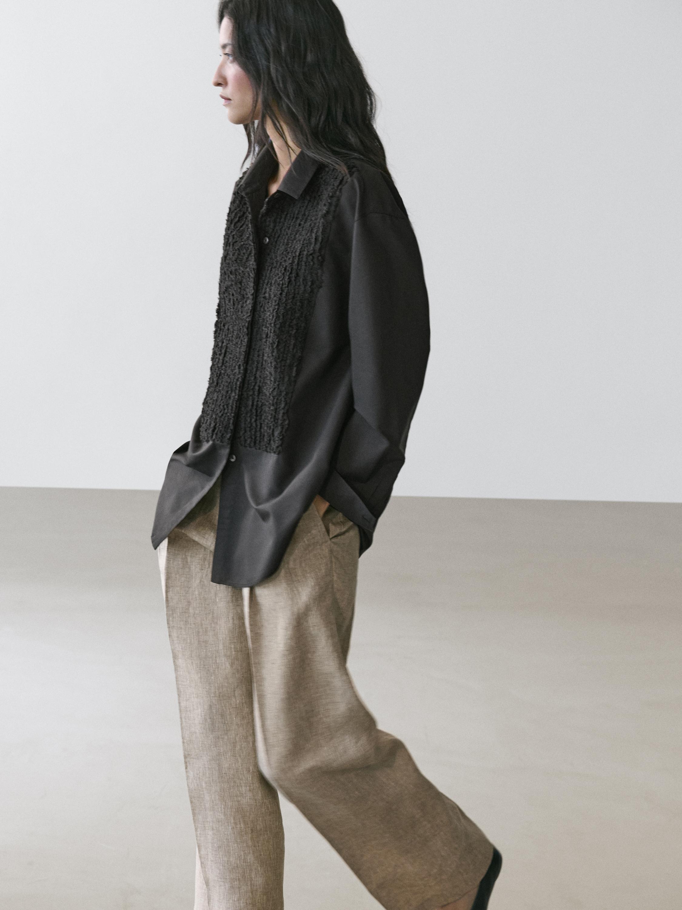 Bib front shirt with embroidered detail — BLACK