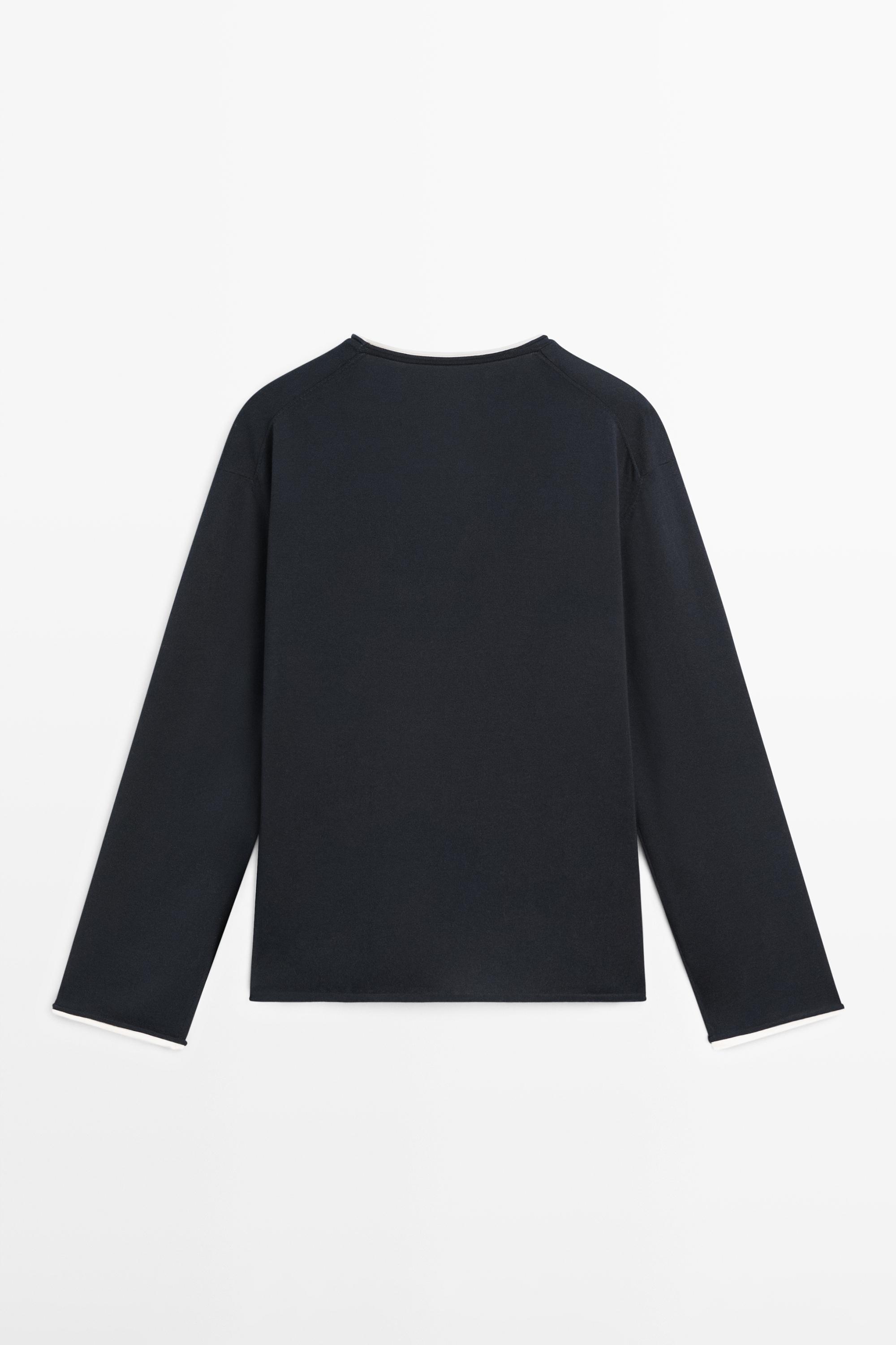 Cotton blend knit sweater with contrast fabric — NAVY BLUE