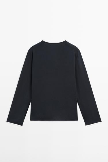 Cotton blend knit sweater with contrast fabric — NAVY BLUE 5