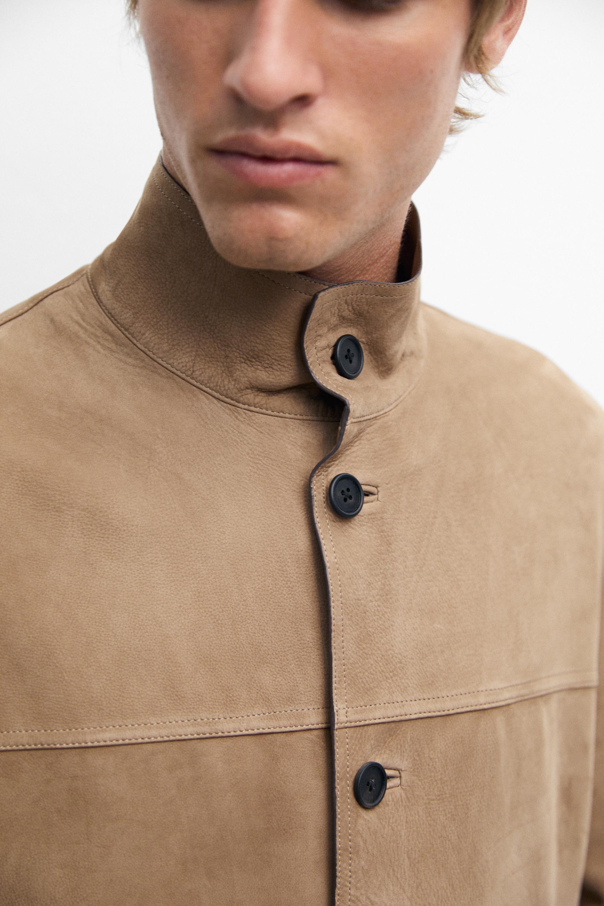 Nubuck leather jacket with stand-up collar — BEIGE