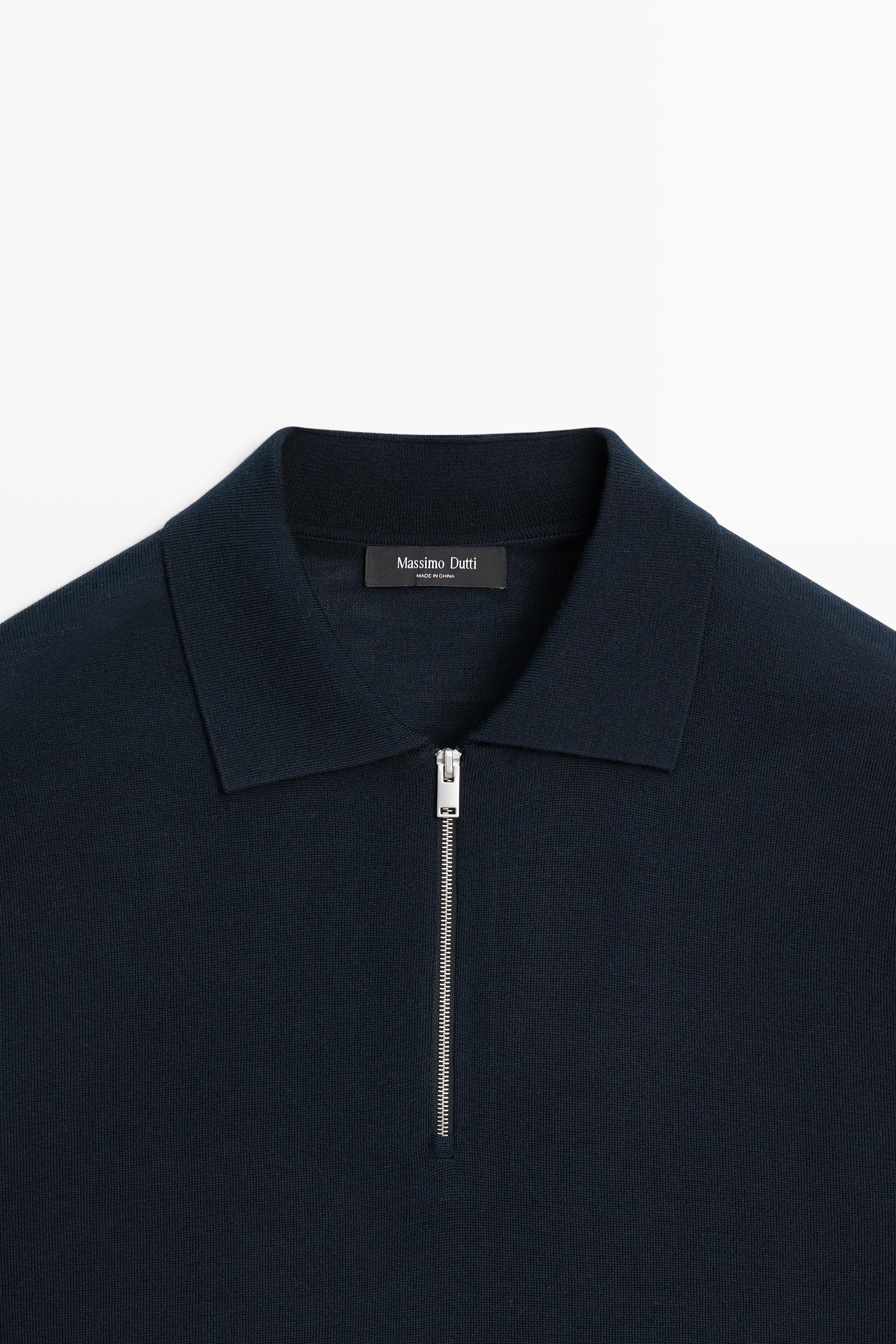 Wool blend zip-detail polo shirt — NAVY BLUE