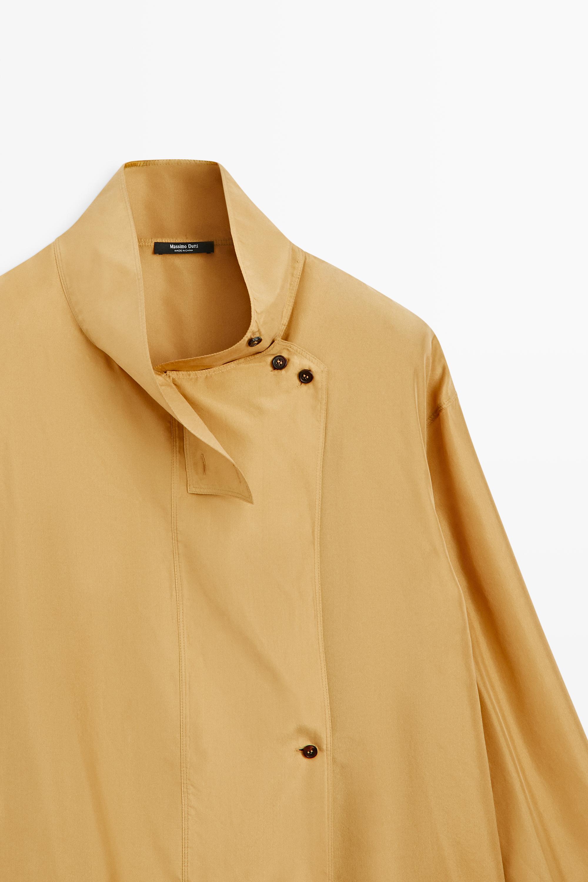 100% silk crossover mock neck shirt — MUSTARD YELLOW