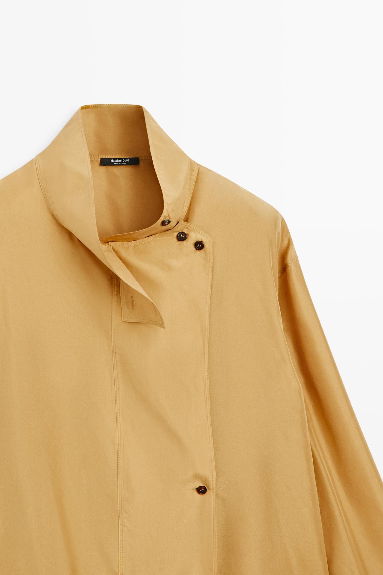 100% silk crossover mock neck shirt — MUSTARD YELLOW