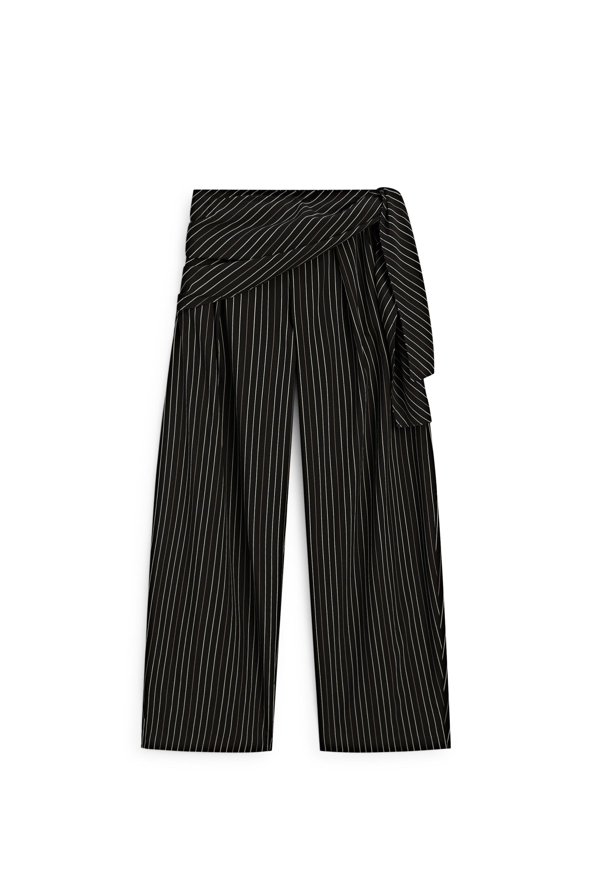 Striped barrel fit pants with scarf detail — BLACK