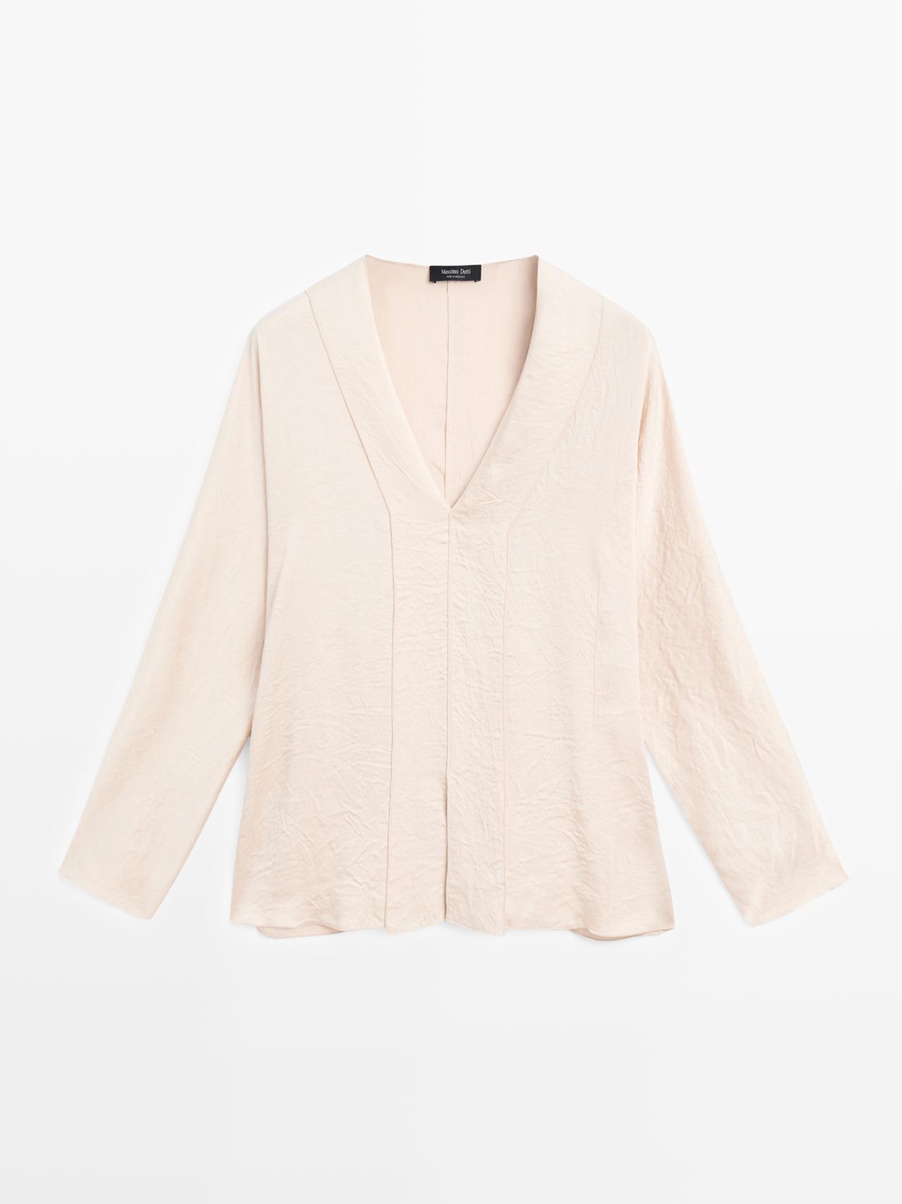 Massimo Dutti - Dame - Bluse I Satin Med V-Udskæring - Vanilje - M