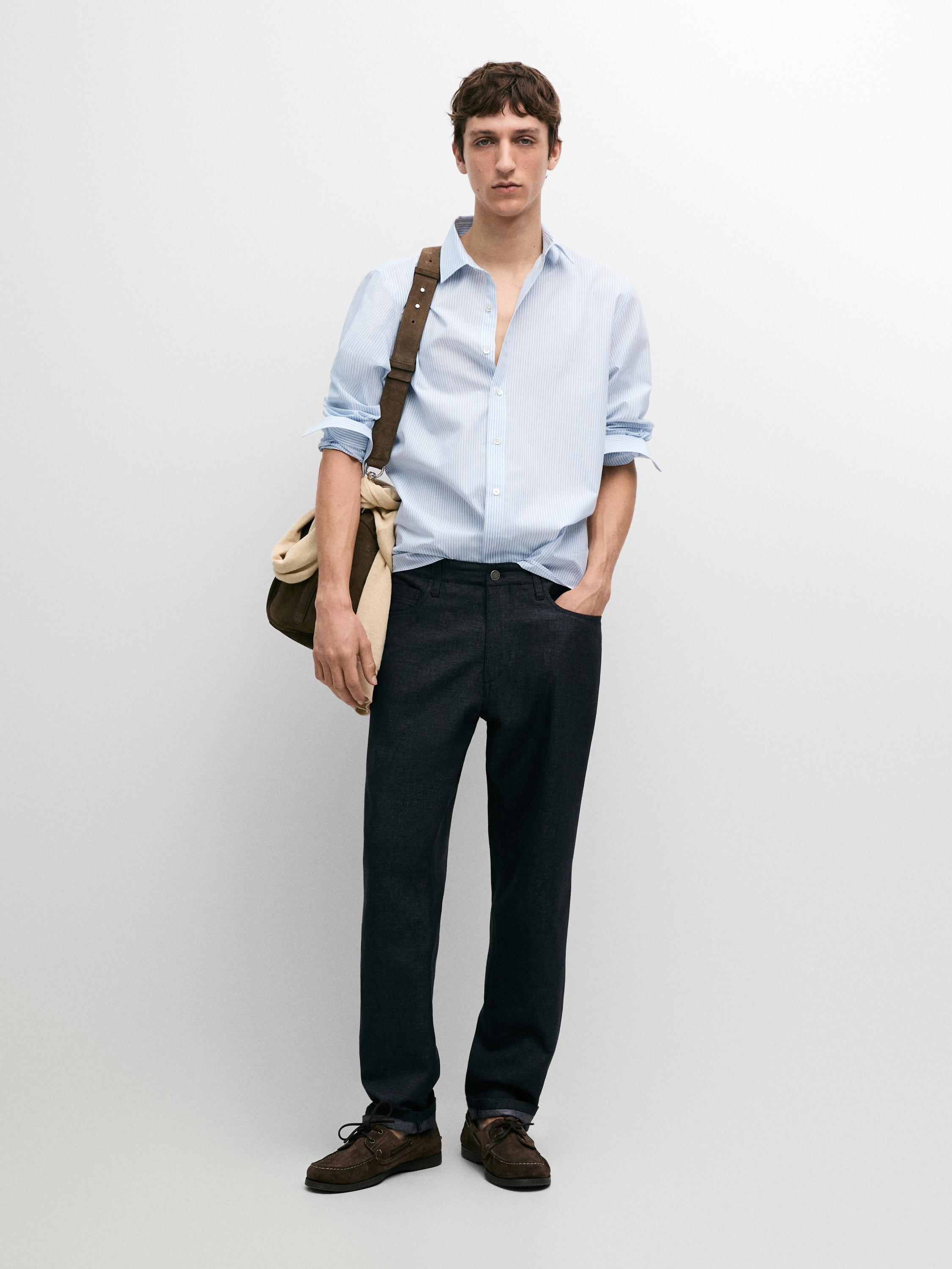Cotton and linen tapered fit jeans — NAVY BLUE