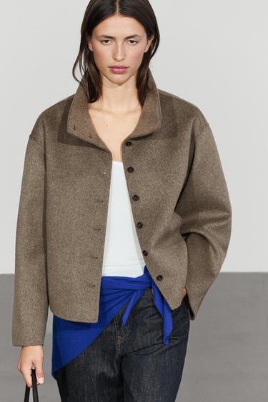 Wool blend high collar coat — BROWN 3