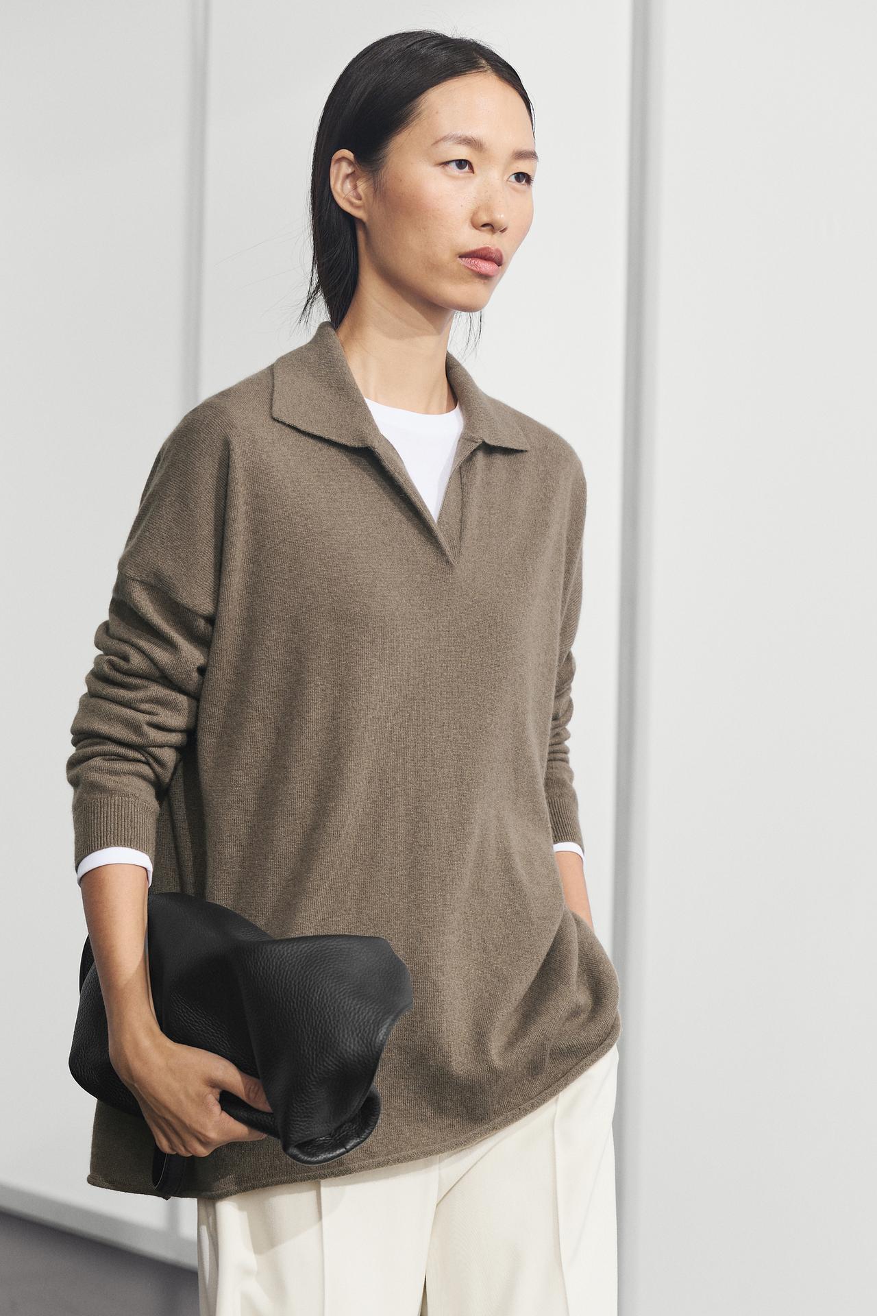 100% cashmere oversize polo collar sweater — GREEN MARL