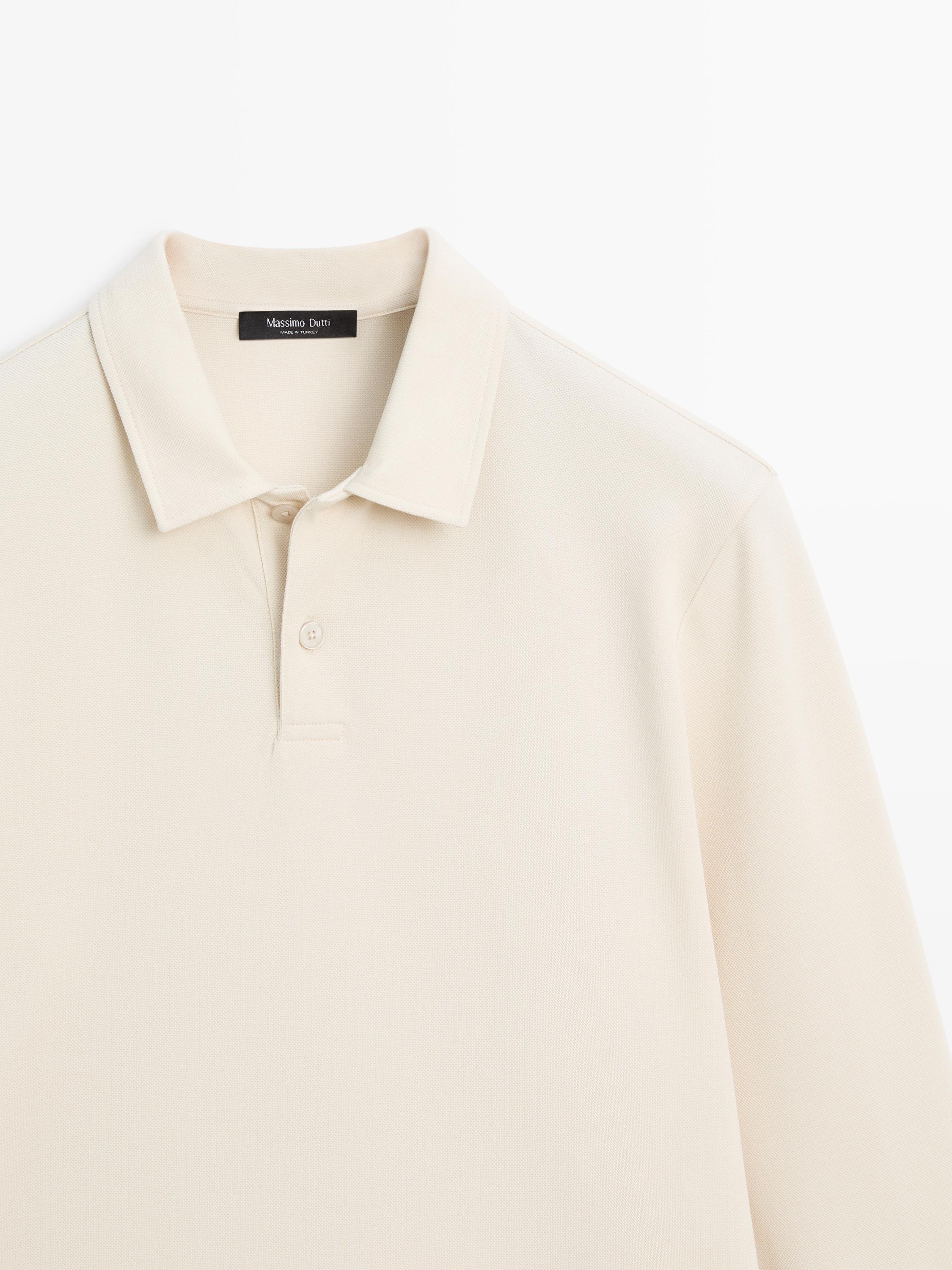 Long sleeve mercerised cotton piqué polo shirt — IVORY