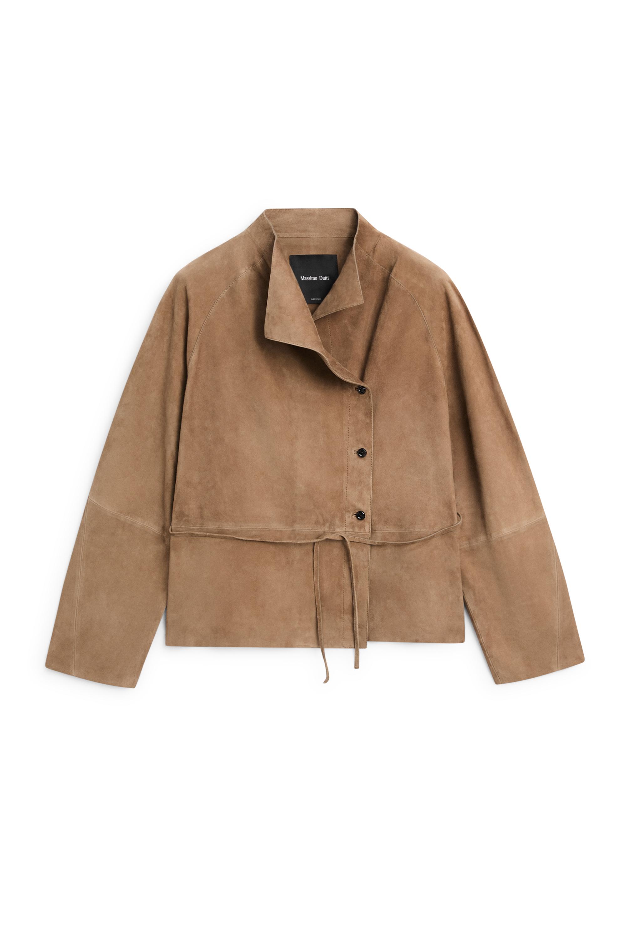 Suede leather jacket with drawstring — SAND