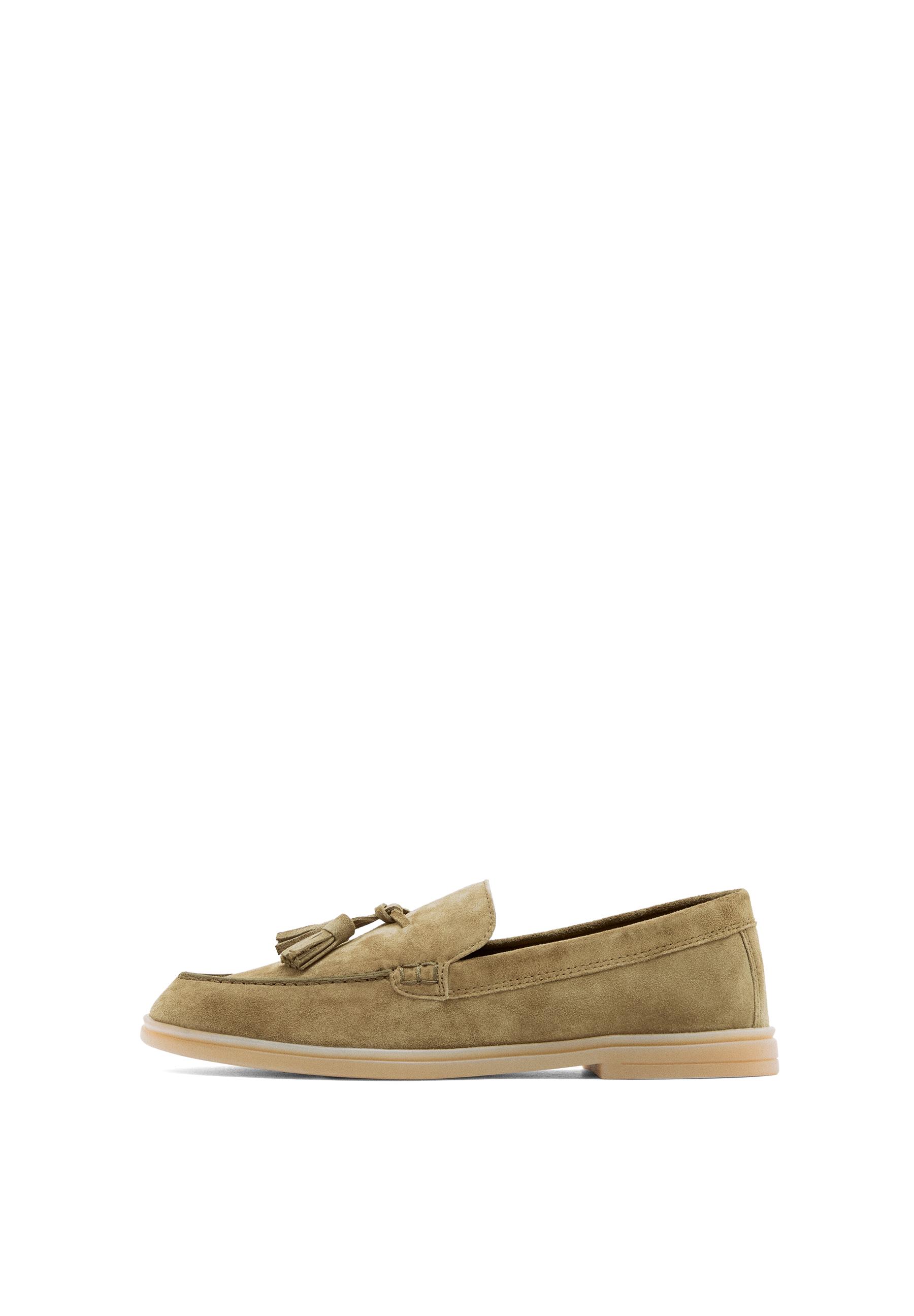 Split leather loafers with tassels — TAUPE