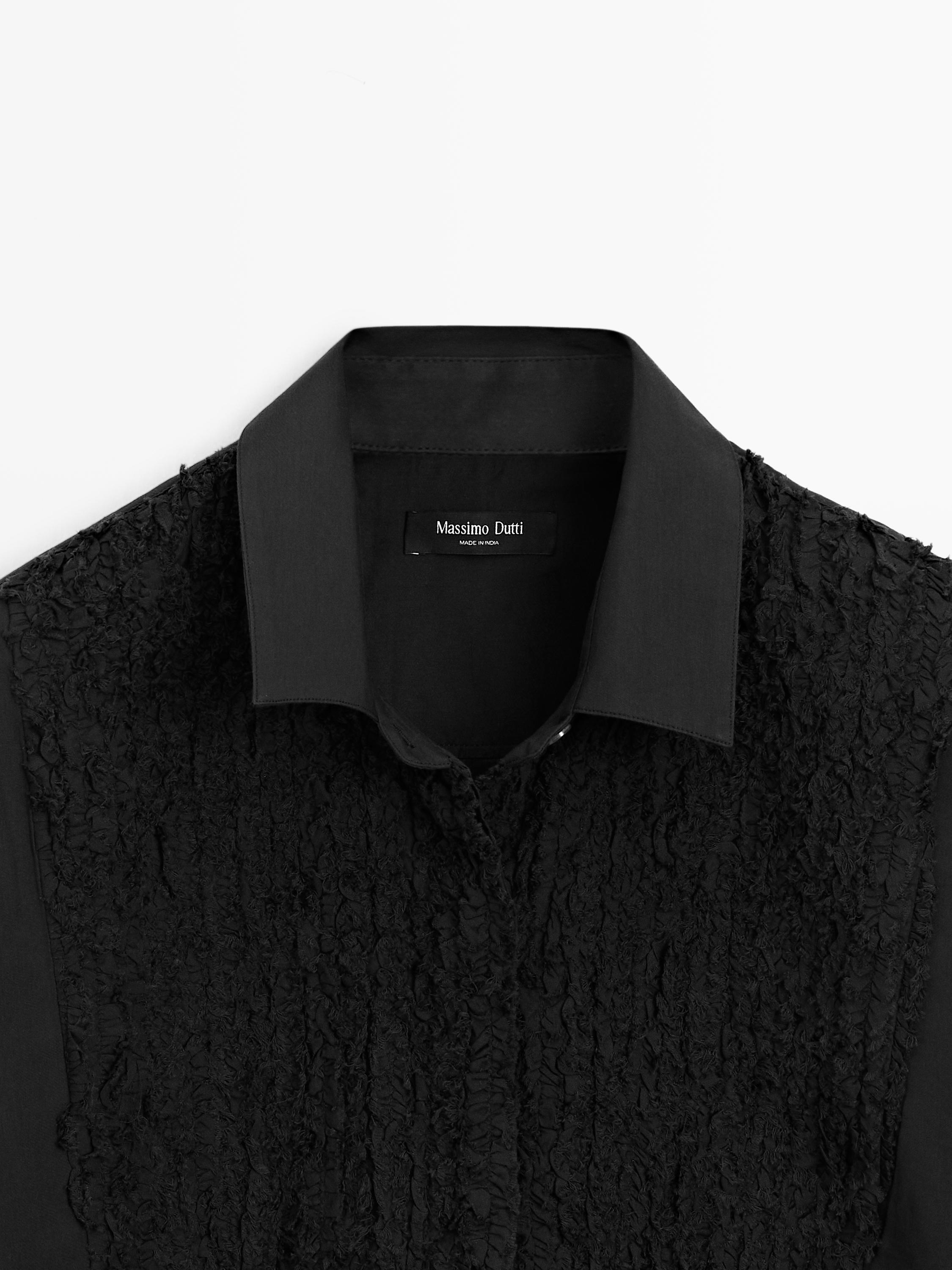 Bib front shirt with embroidered detail — BLACK