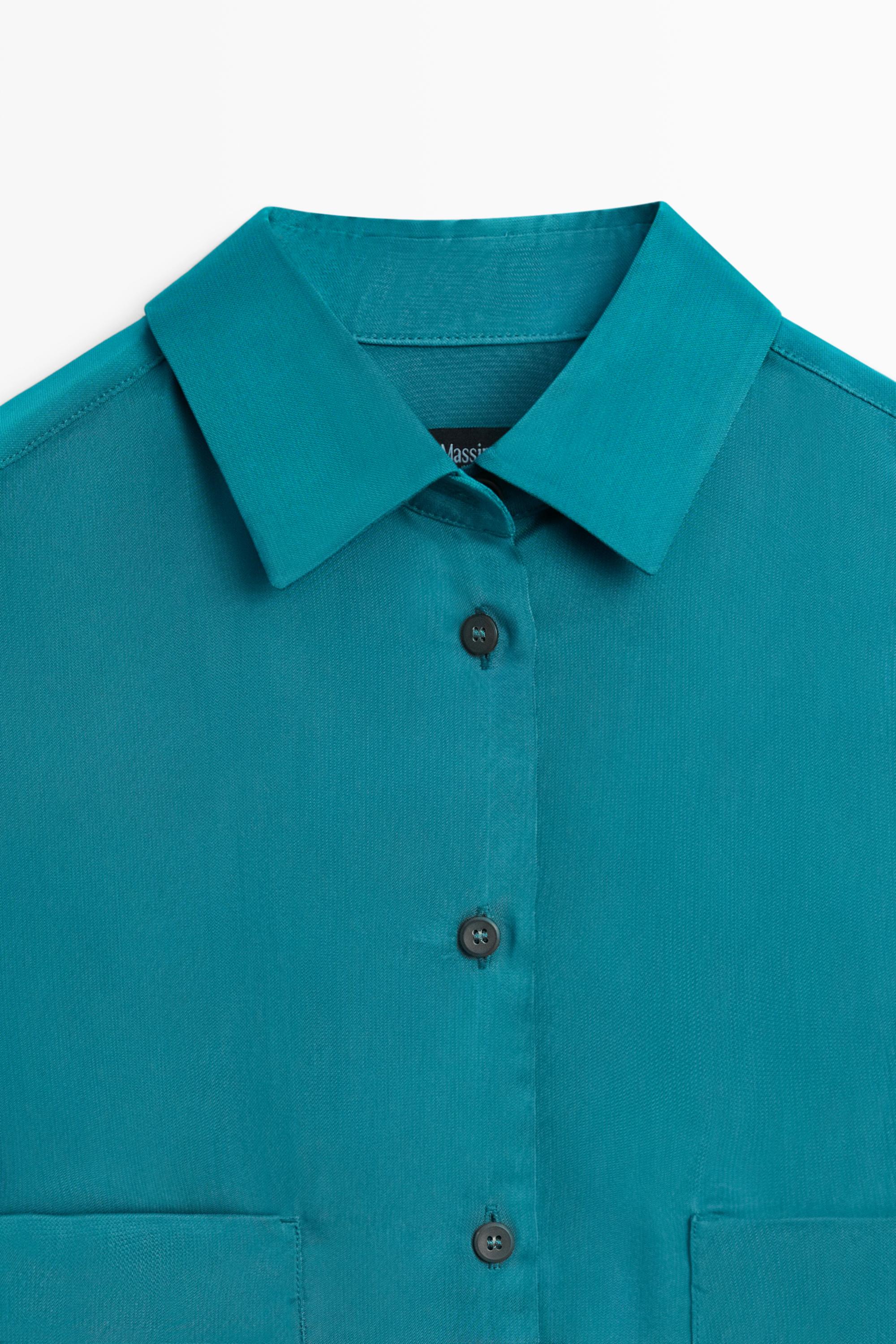 Flowing satin shirt with pockets — GREENISH BLUE