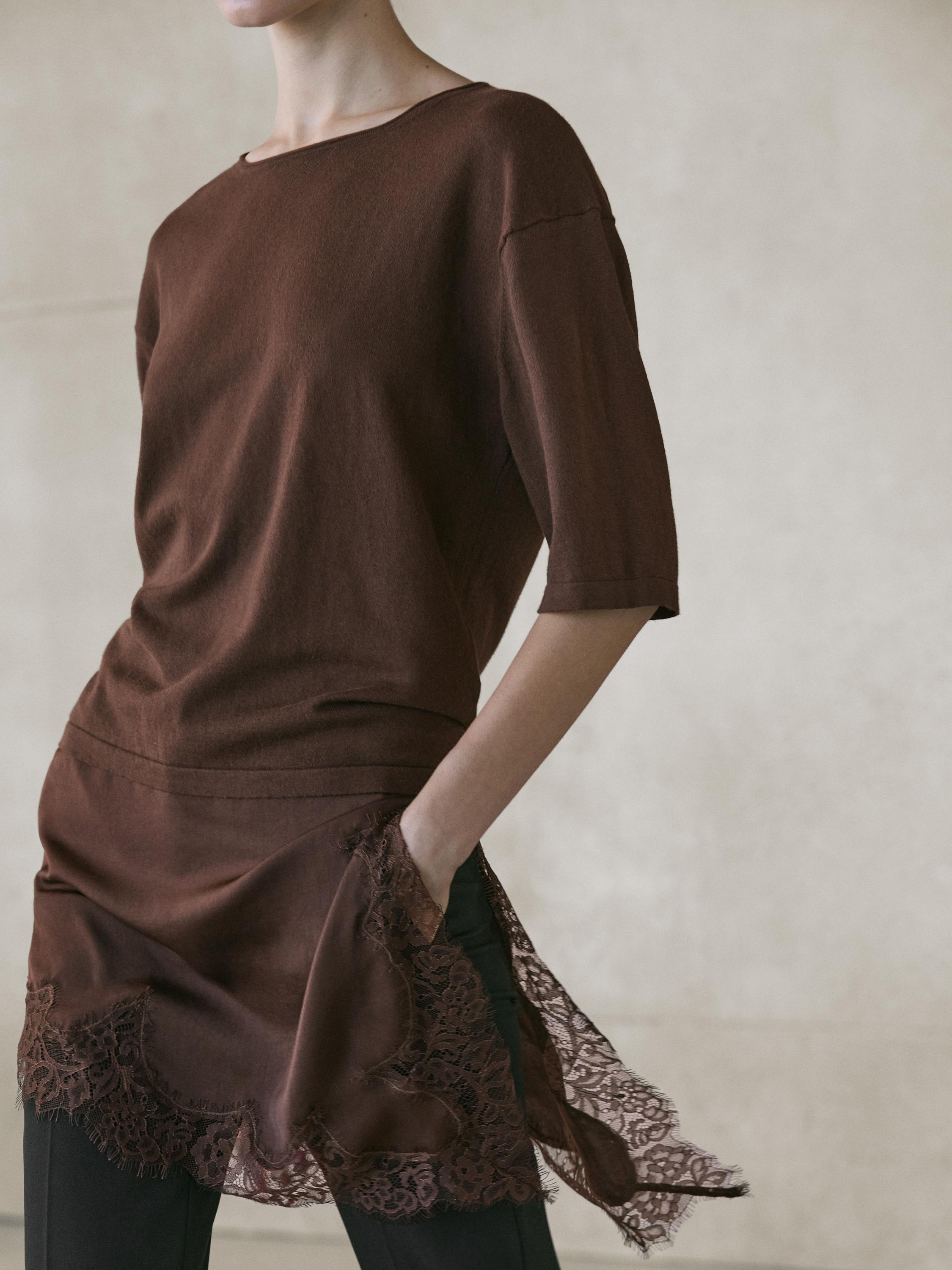 Sweater with contrast lace detail — BROWN