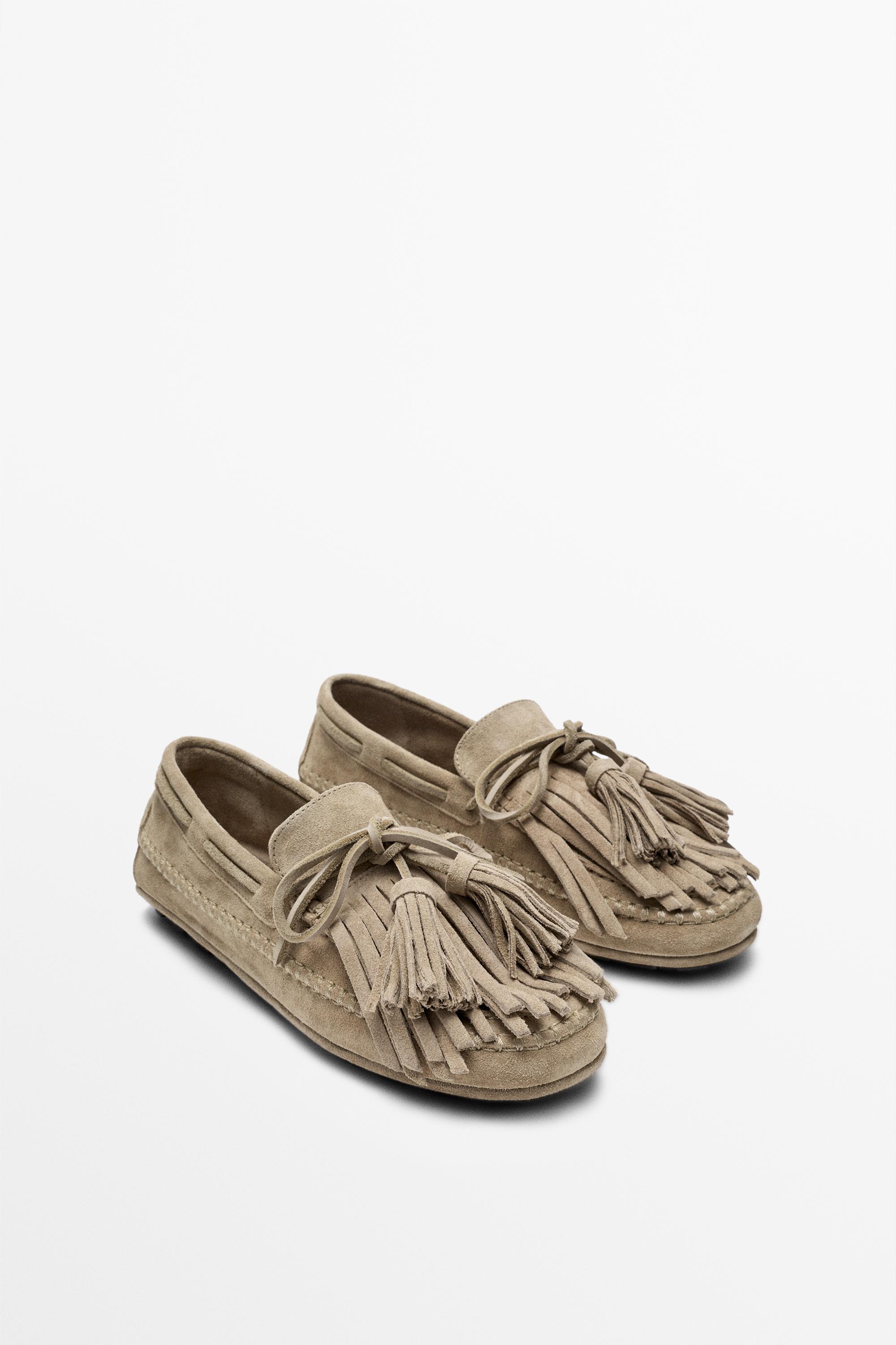 Leather loafers with fringing and tassels — BEIGE