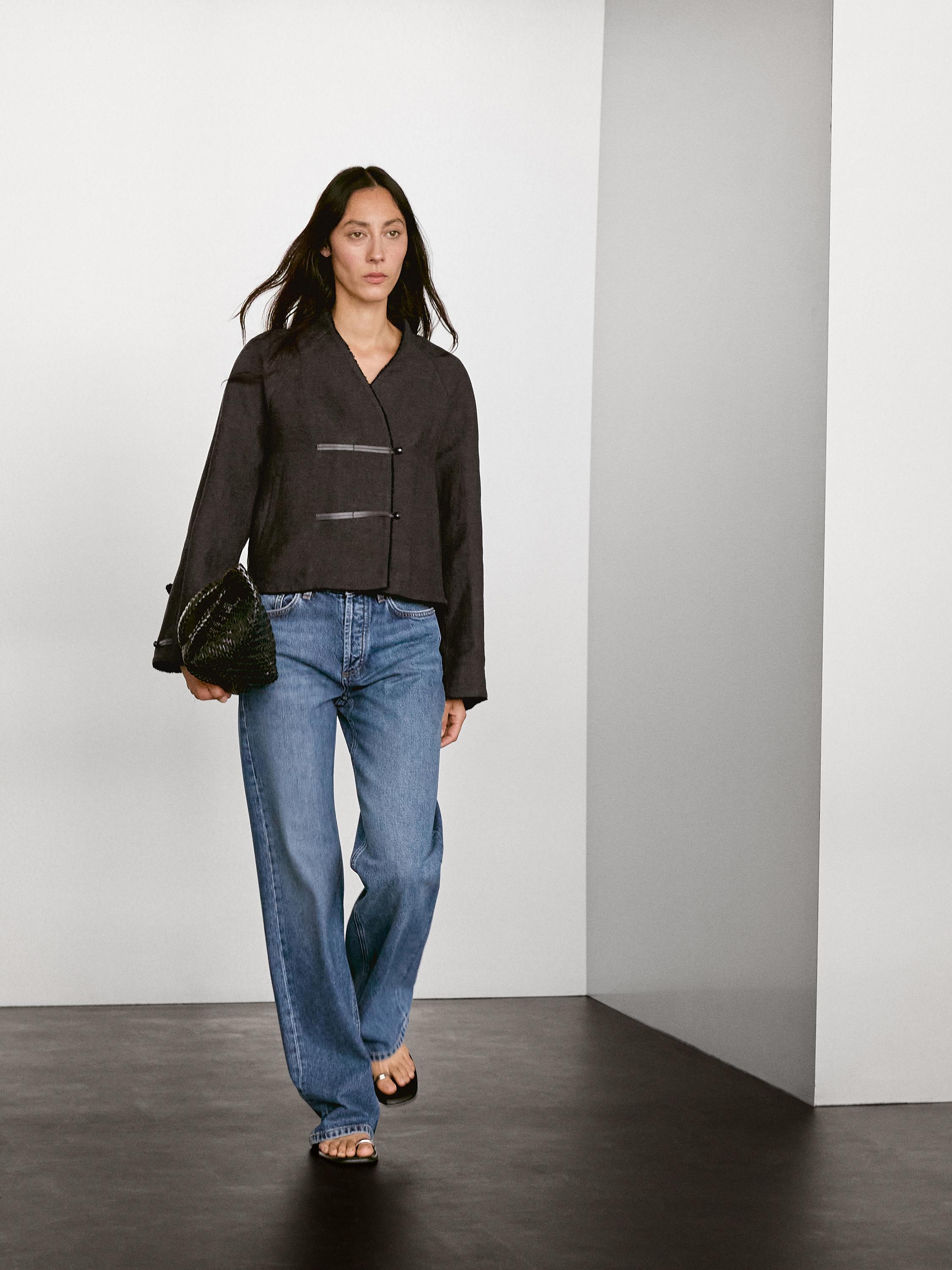 Linen blend jacket with leather fastening detail