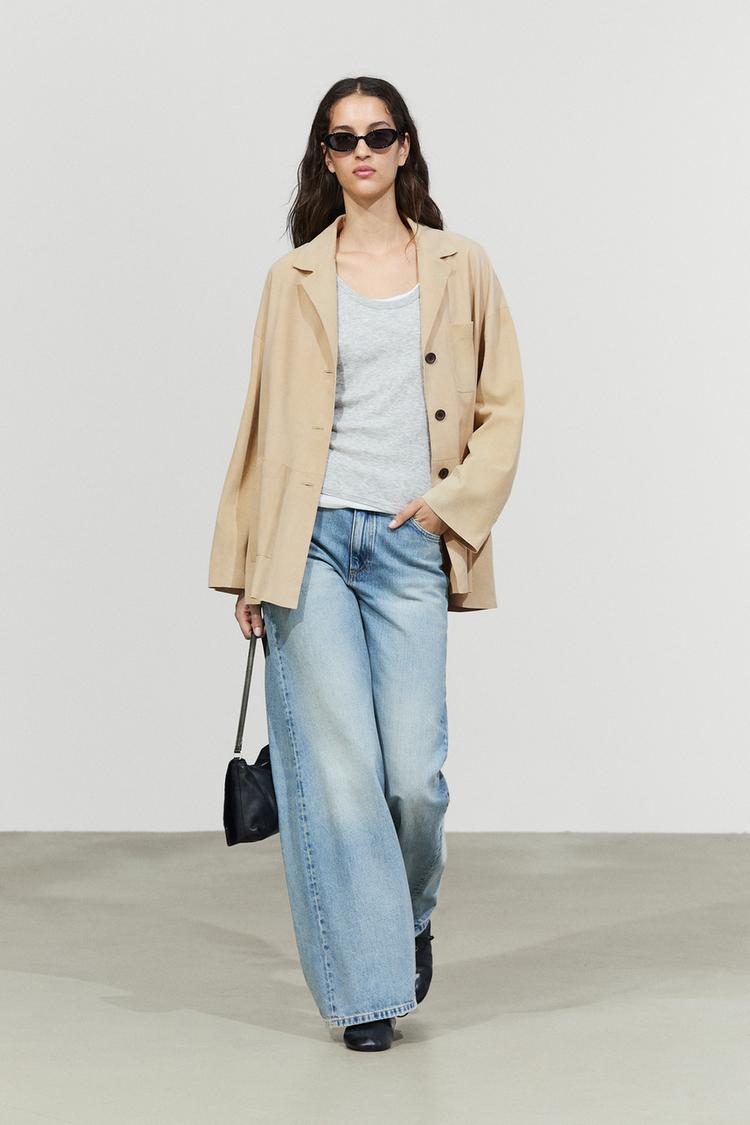 Suede leather blazer with pockets — BEIGE