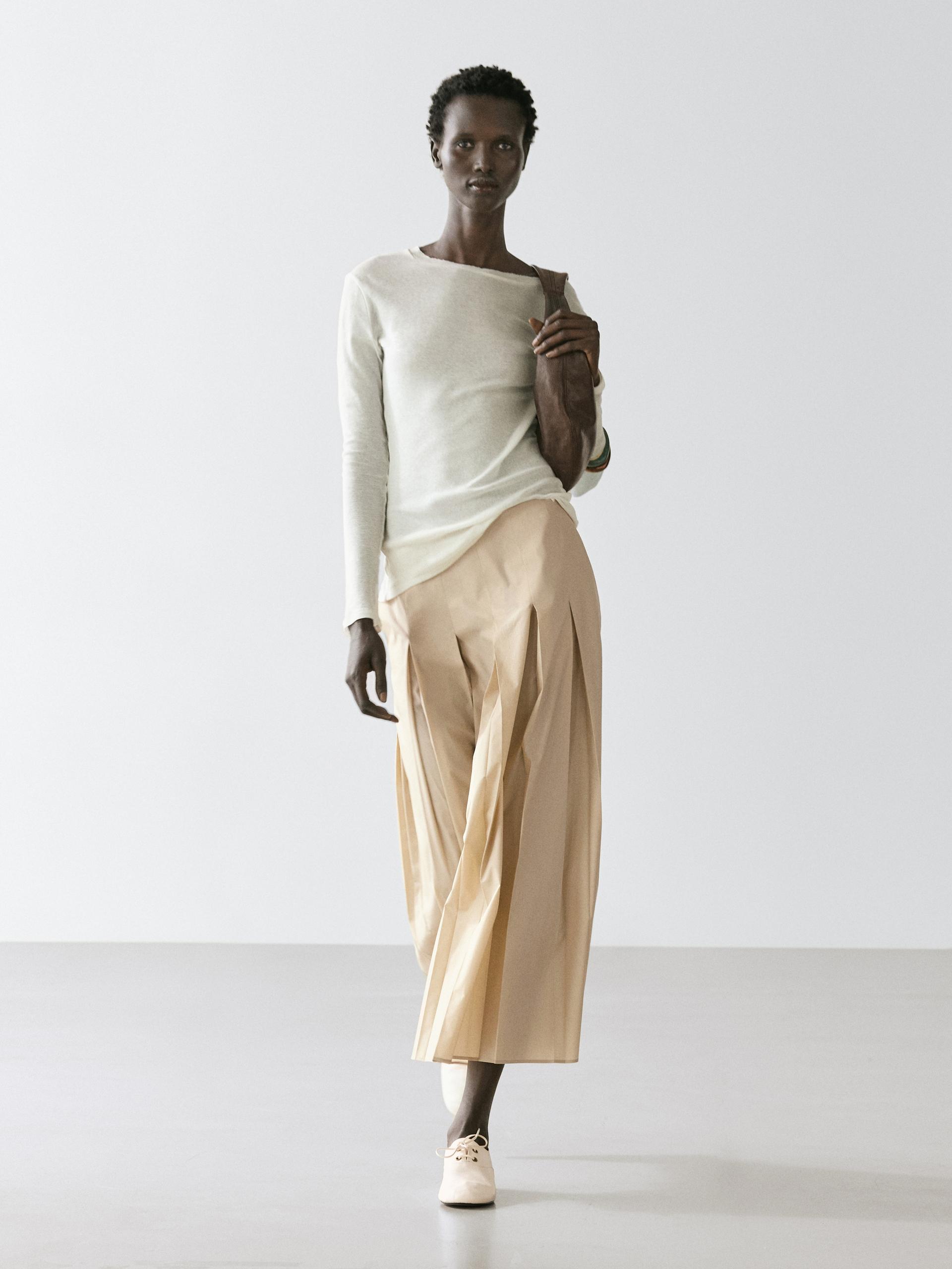 Jupe Midi Plissée Coton - Sable - 38 - Massimo Dutti - Femme