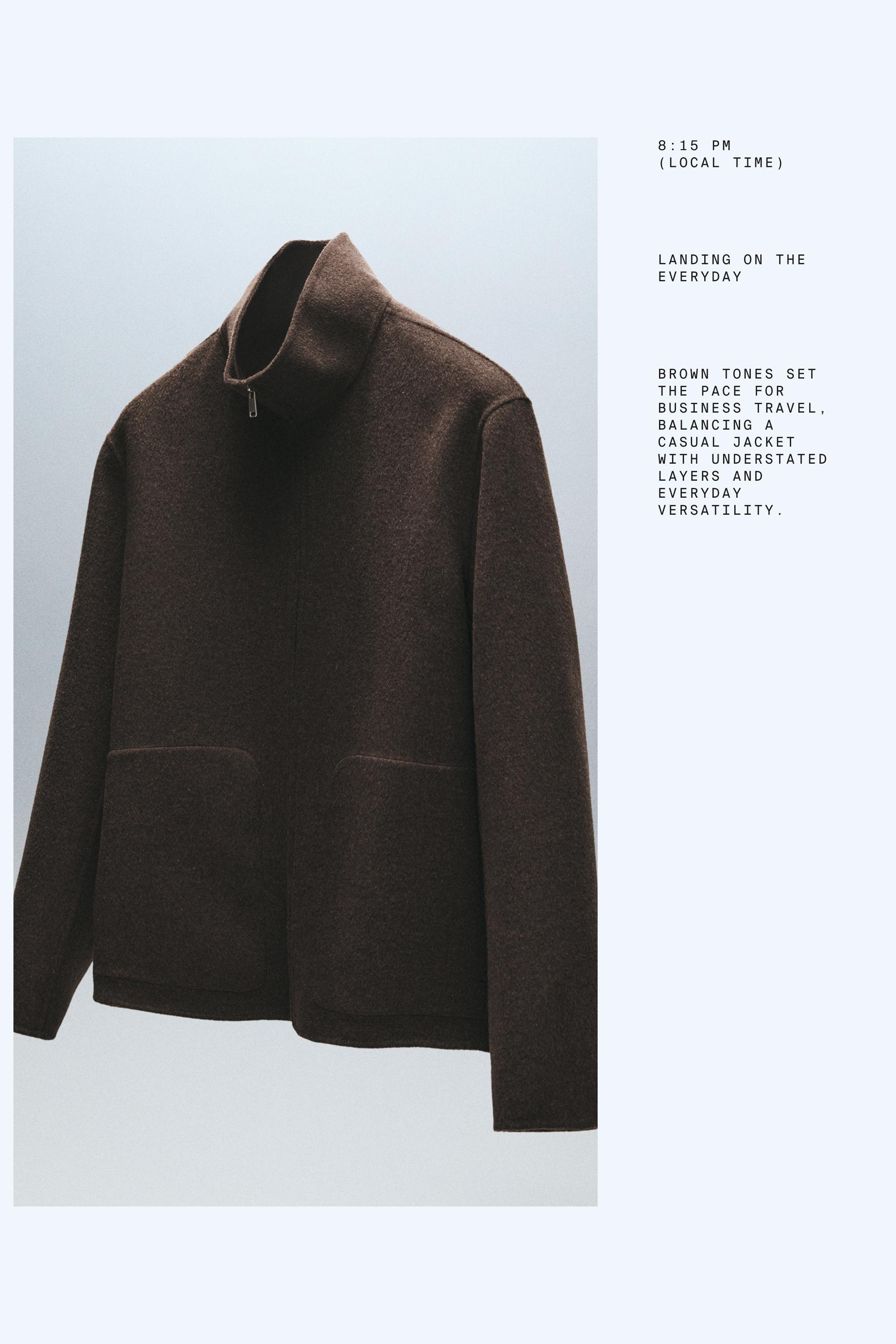 Wool blend double fabric high neck jacket — BROWN