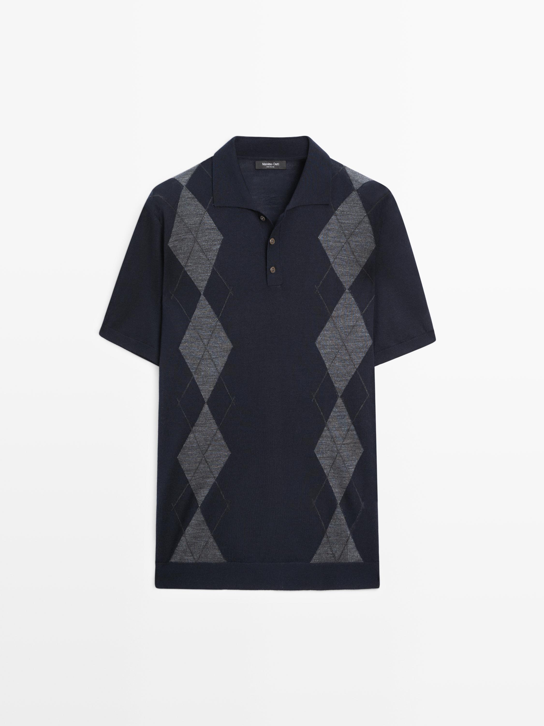 Merino wool blend argyle knit polo sweater — NAVY BLUE