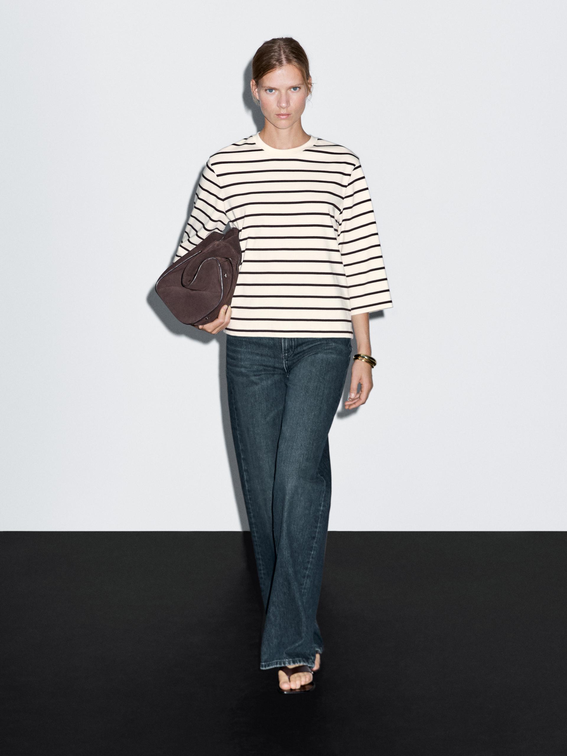 Maglietta A Righe Con Maniche Al Gomito - Ecru - M - Massimo Dutti - Femminile