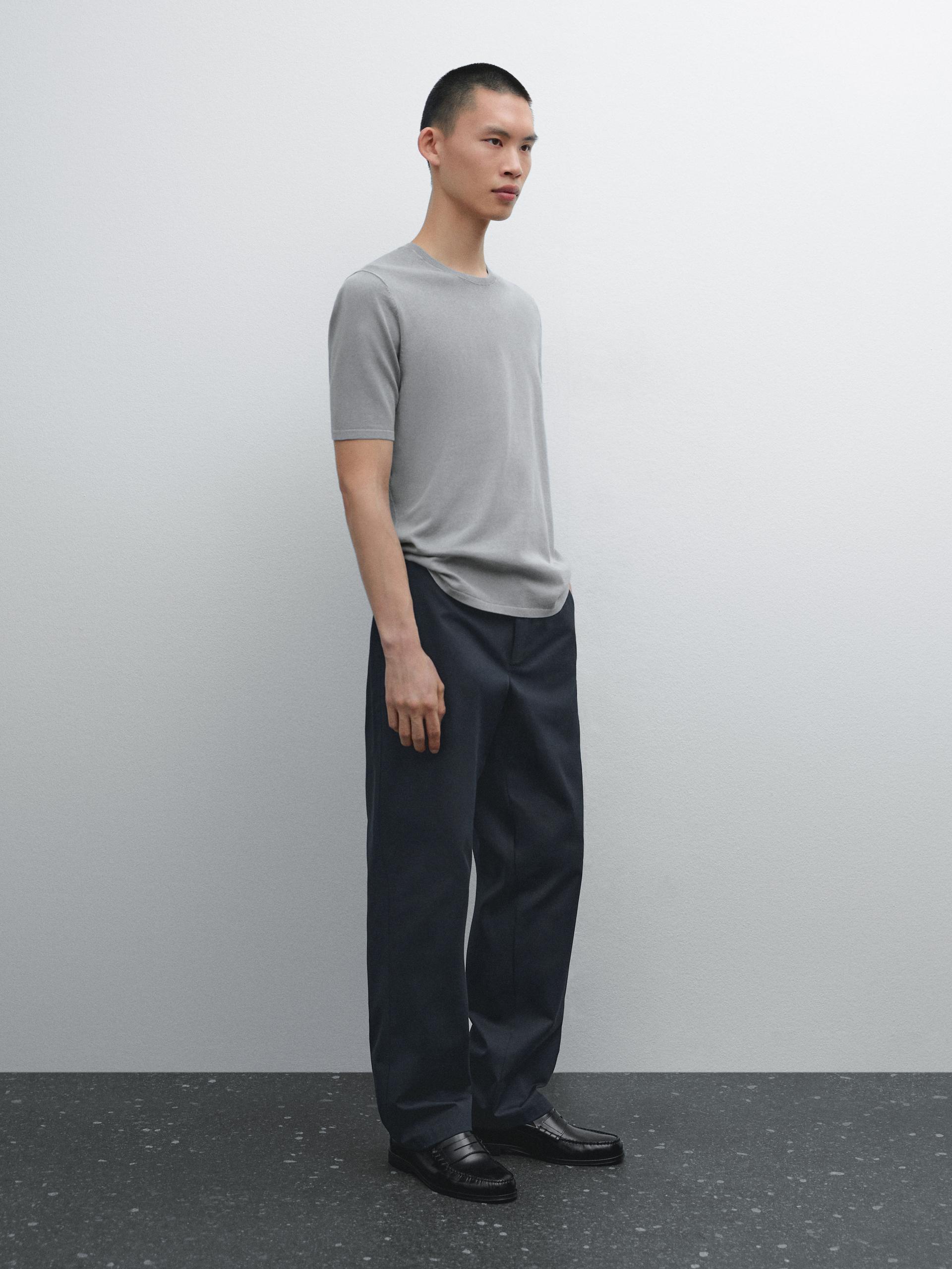 Dzianinowa Koszulka Z Mieszanki Bawełny - Szary Antracytowy - L - Massimo Dutti - Mężczyzna