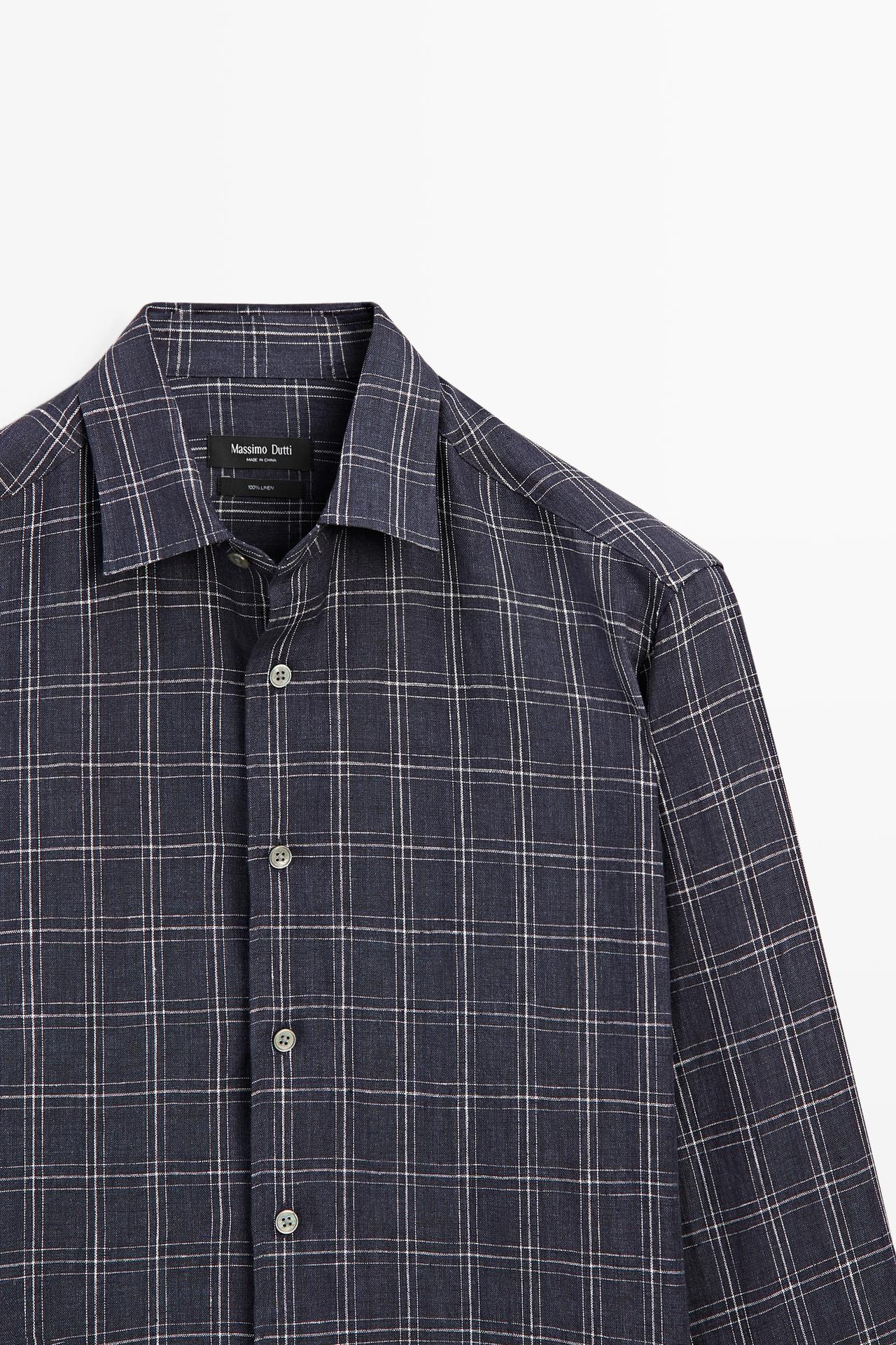 100% linen relaxed fit check shirt — BLUE