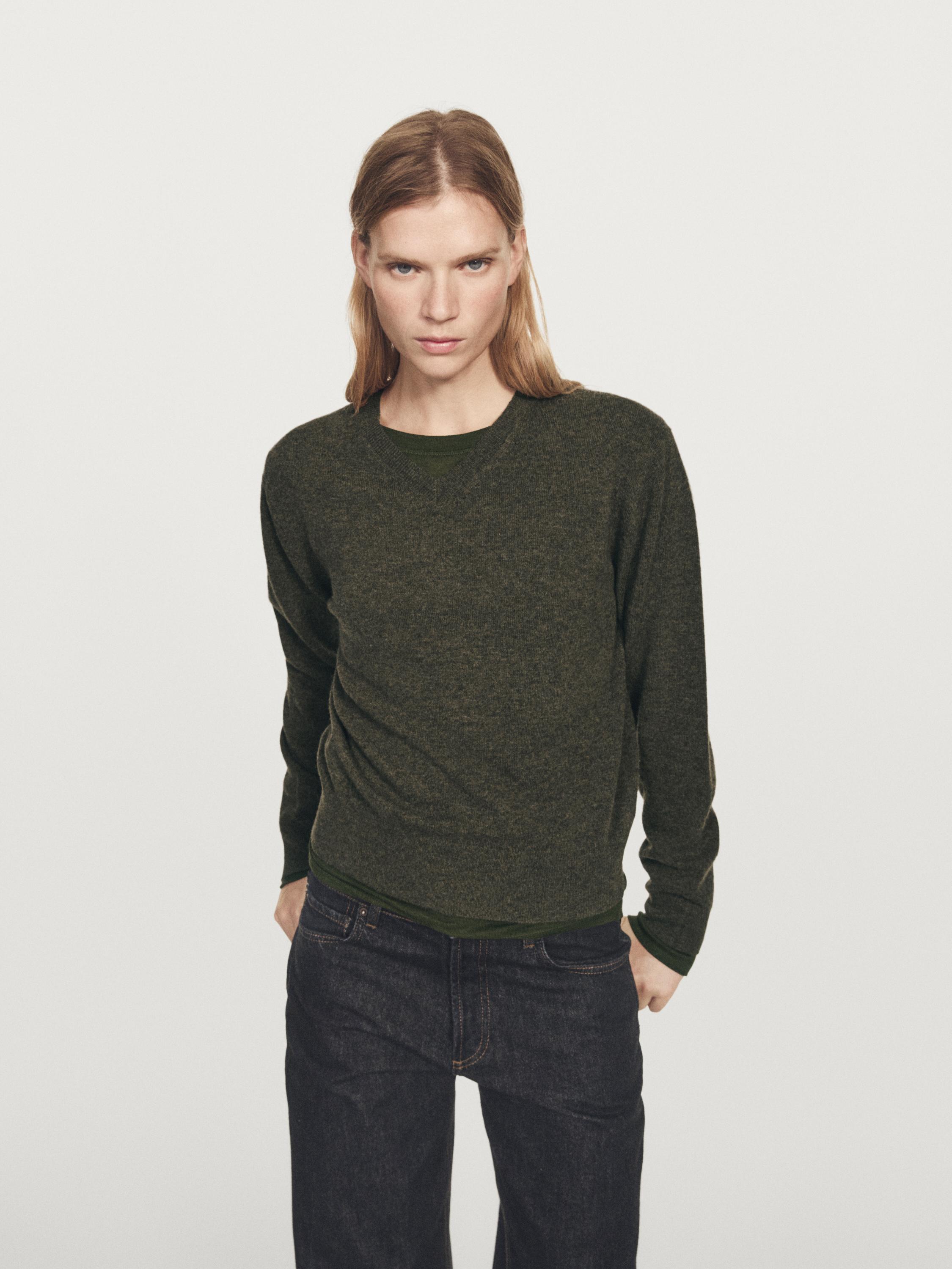 Wool blend knit V-neck sweater — GREEN MARL