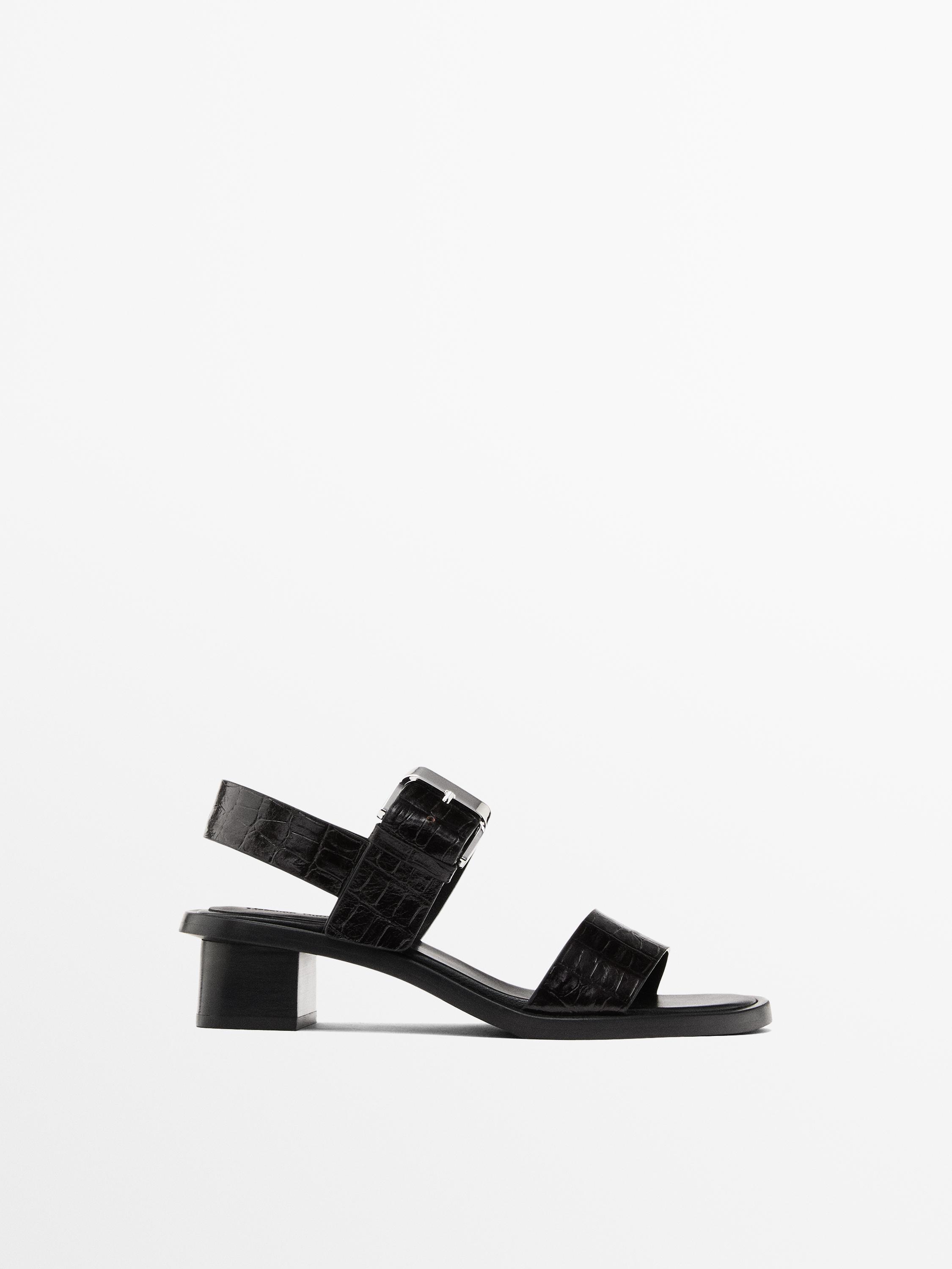 Mock croc embossed heeled sandals · Brown · Shoes Massimo Dutti