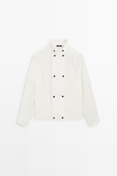 Snap-button stand collar shirt — CREAM 2
