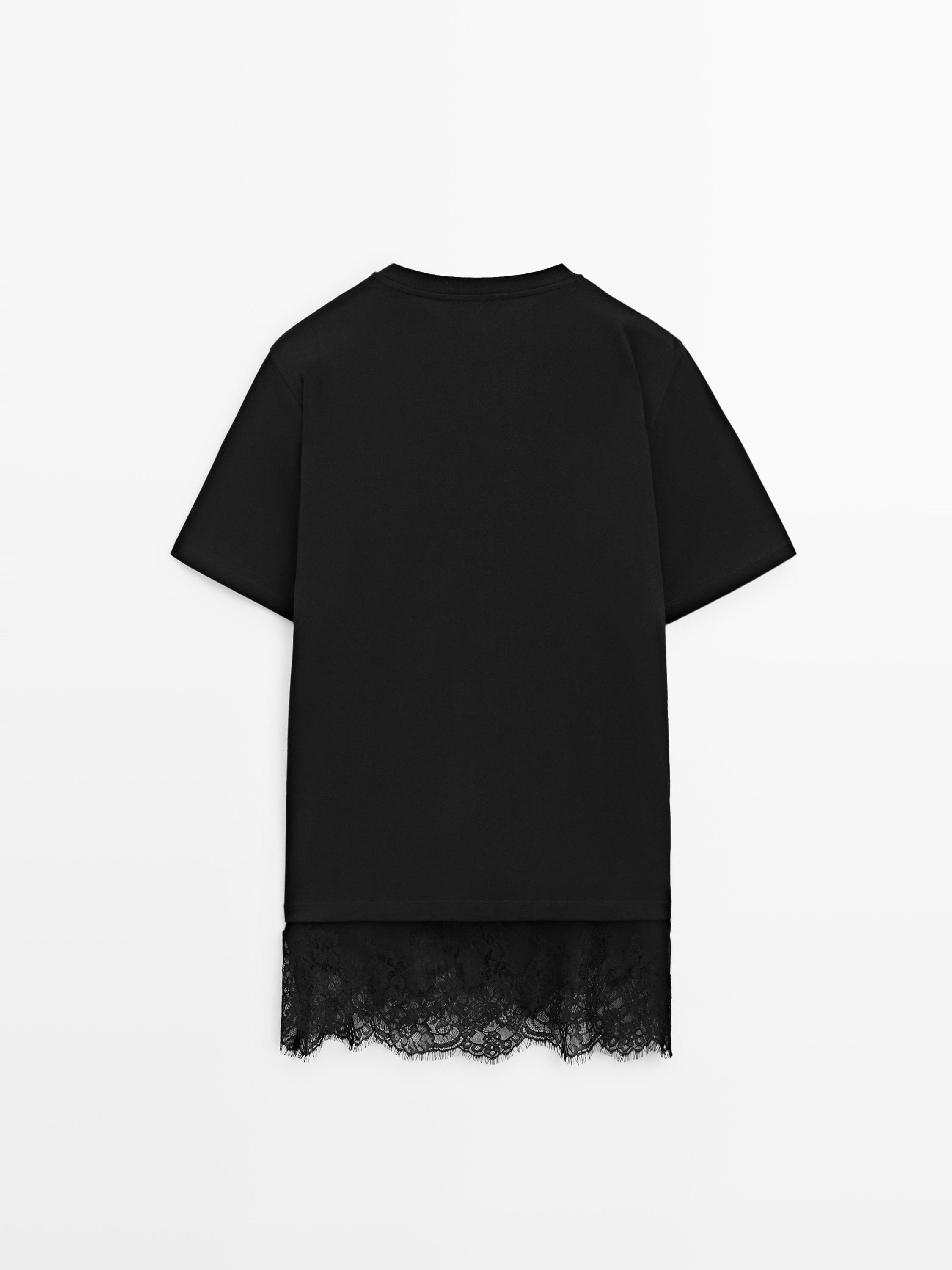 Short sleeve T-shirt with lace detail — BLACK