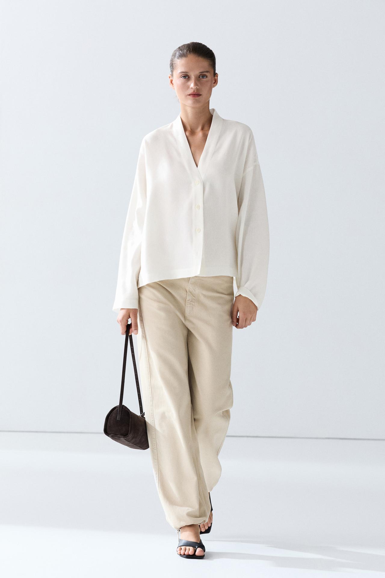 Flowing linen-blend V-neck shirt — WHITE