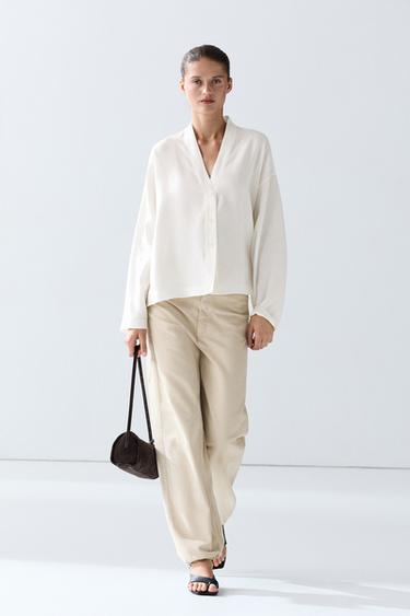 Flowing linen-blend V-neck shirt — WHITE 1