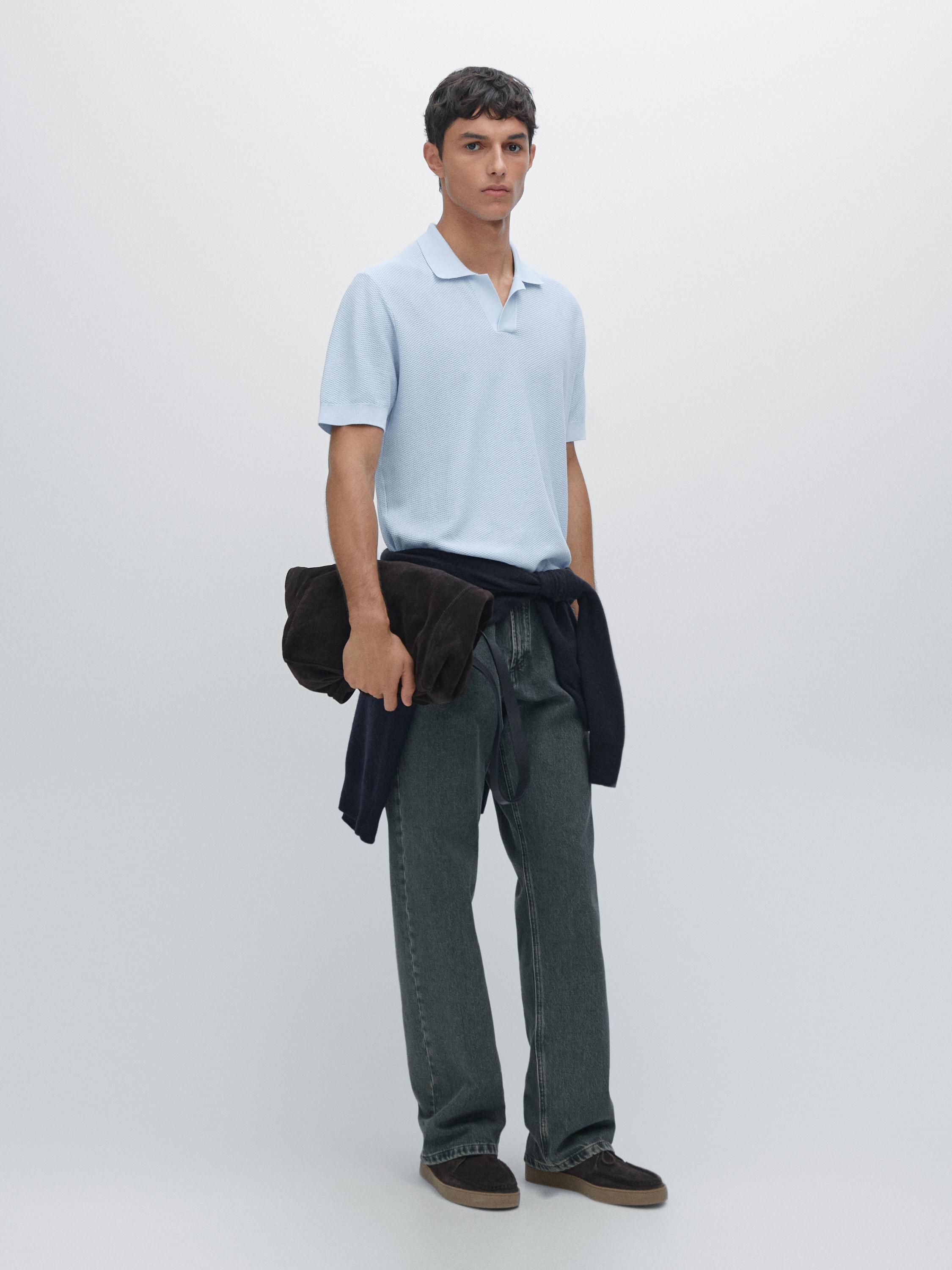 Textured knit short sleeve polo shirt