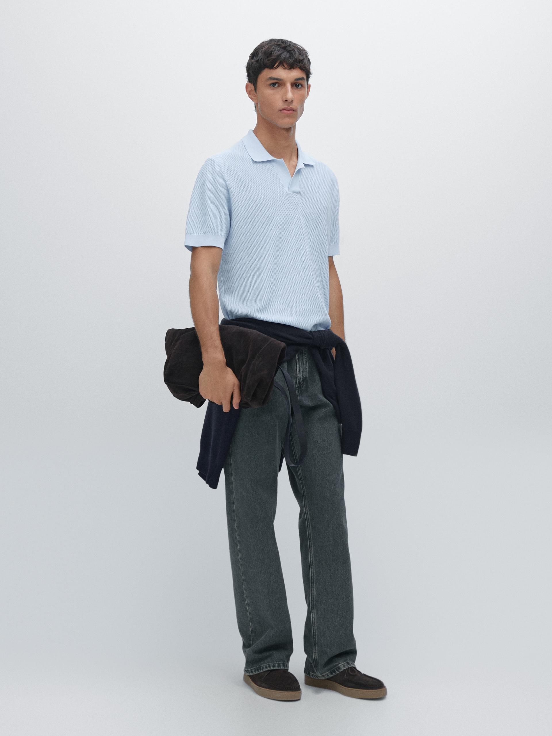 Koszulka Polo Z Krótkim Rękawem Z Dzianiny Z Fakturą - Jasnoniebieski - L - Massimo Dutti - Mężczyzna