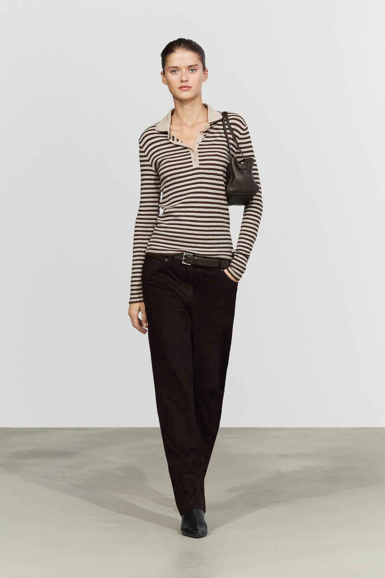 Long sleeve striped wool-blend polo — MINK