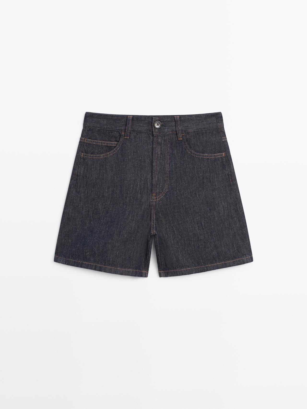 Massimo Dutti - Dames - Denim Bermuda Met Halfhoge Taille - Donkerblauw - 38